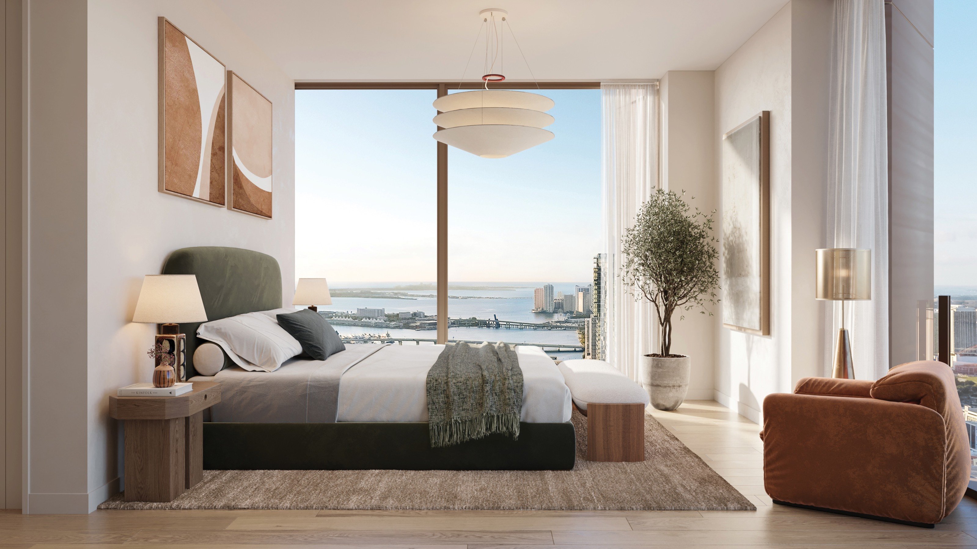 Villa Miami, Edgewater bedroom framing Miami skyline, floor‑to‑ceiling glass and terrace access in luxury and ultra luxury condos; preconstruction. Featuring modern, city, and view.