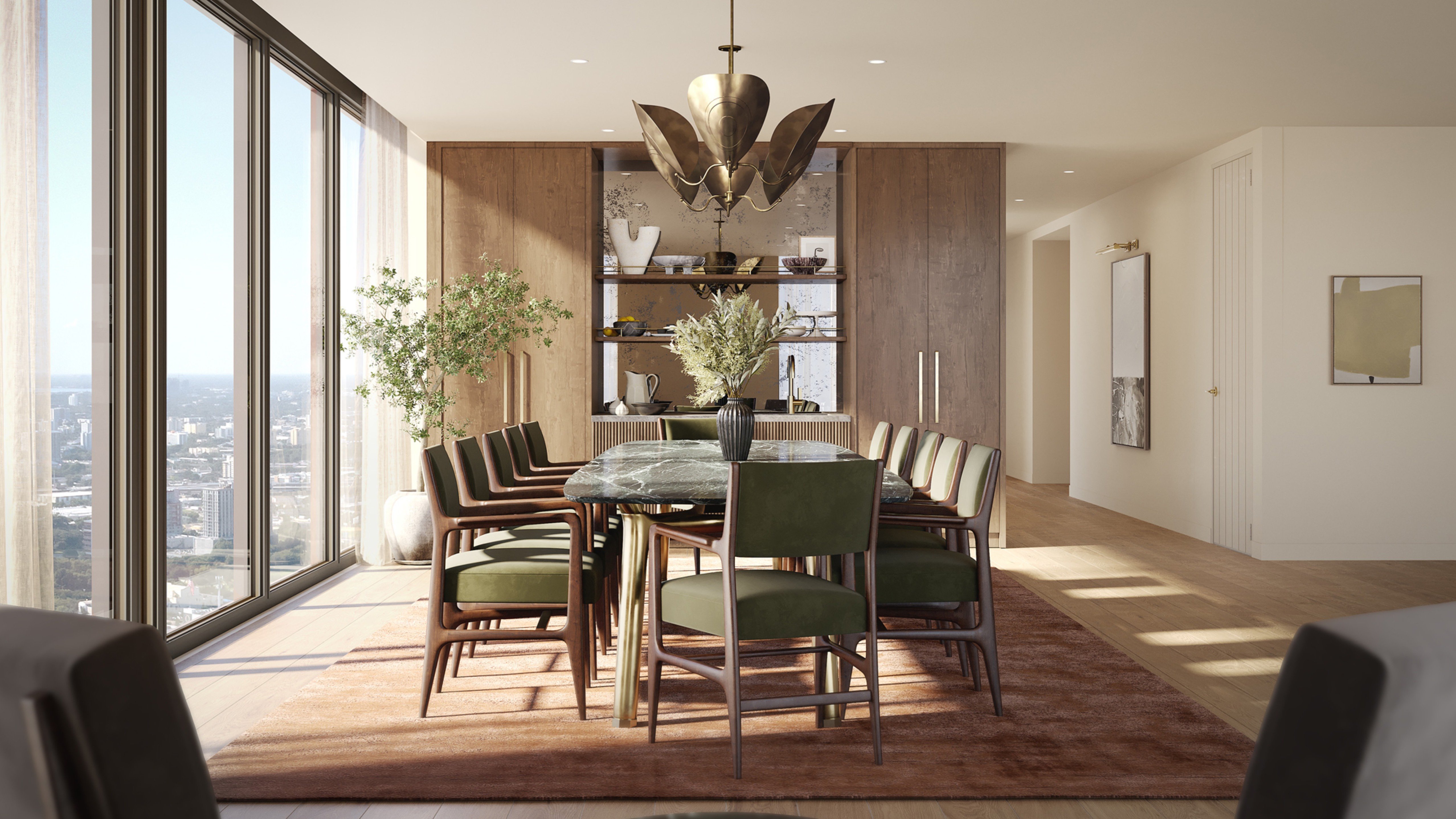 Villa Miami, Edgewater contemporary dining space with artful fixtures and warm woods, elegant living within luxury and ultra luxury condos; preconstruction. Featuring modern, room, and interior.