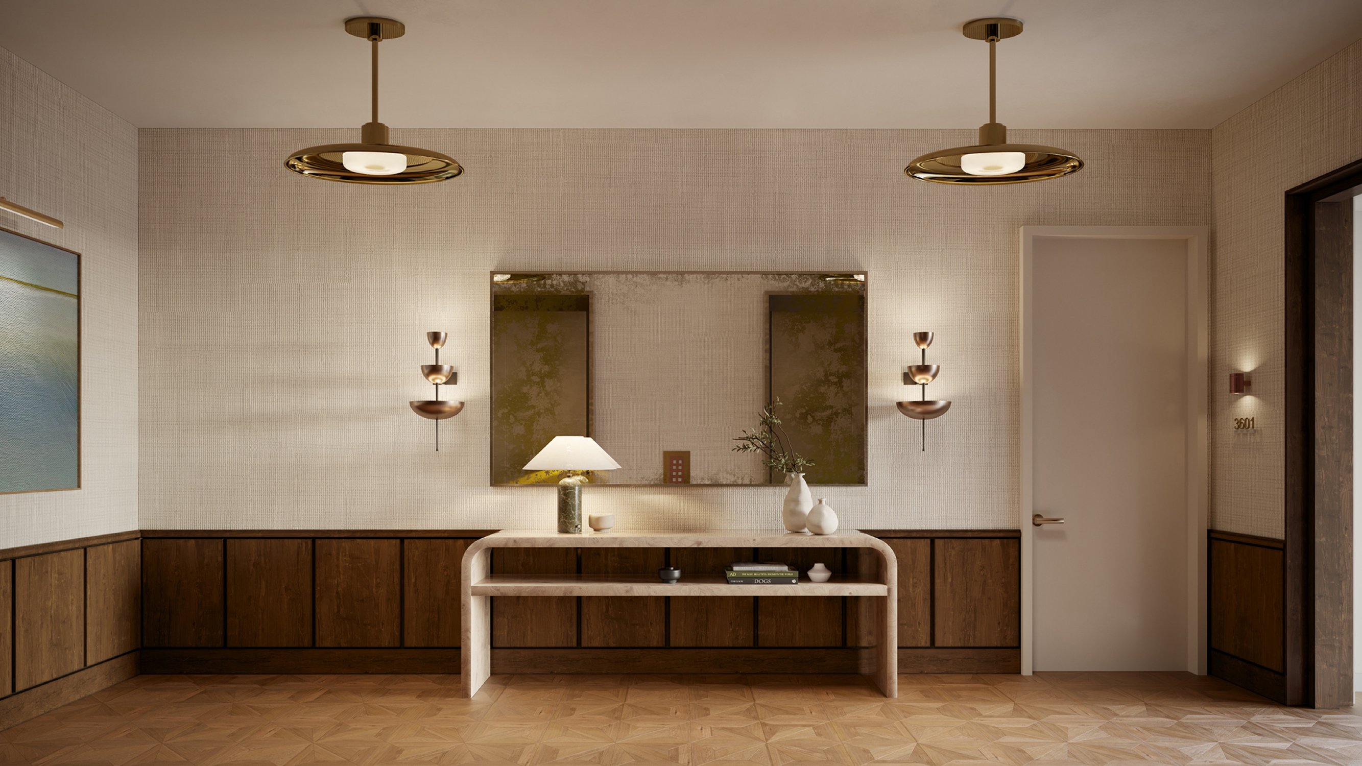Villa Miami, Edgewater grand entry hallway with sculpture and natural stone, gallery‑style welcome inside luxury and ultra luxury condos; preconstruction. Featuring modern, entrance, and decoration.