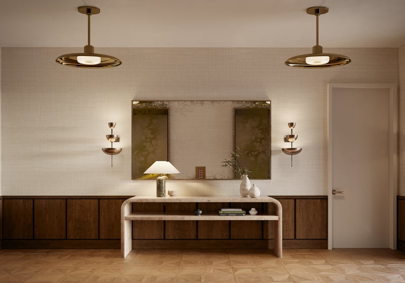 Villa Miami, Edgewater grand entry hallway with sculpture and natural stone, gallery‑style welcome inside luxury and ultra luxury condos; preconstruction. Featuring modern, entrance, and decoration.