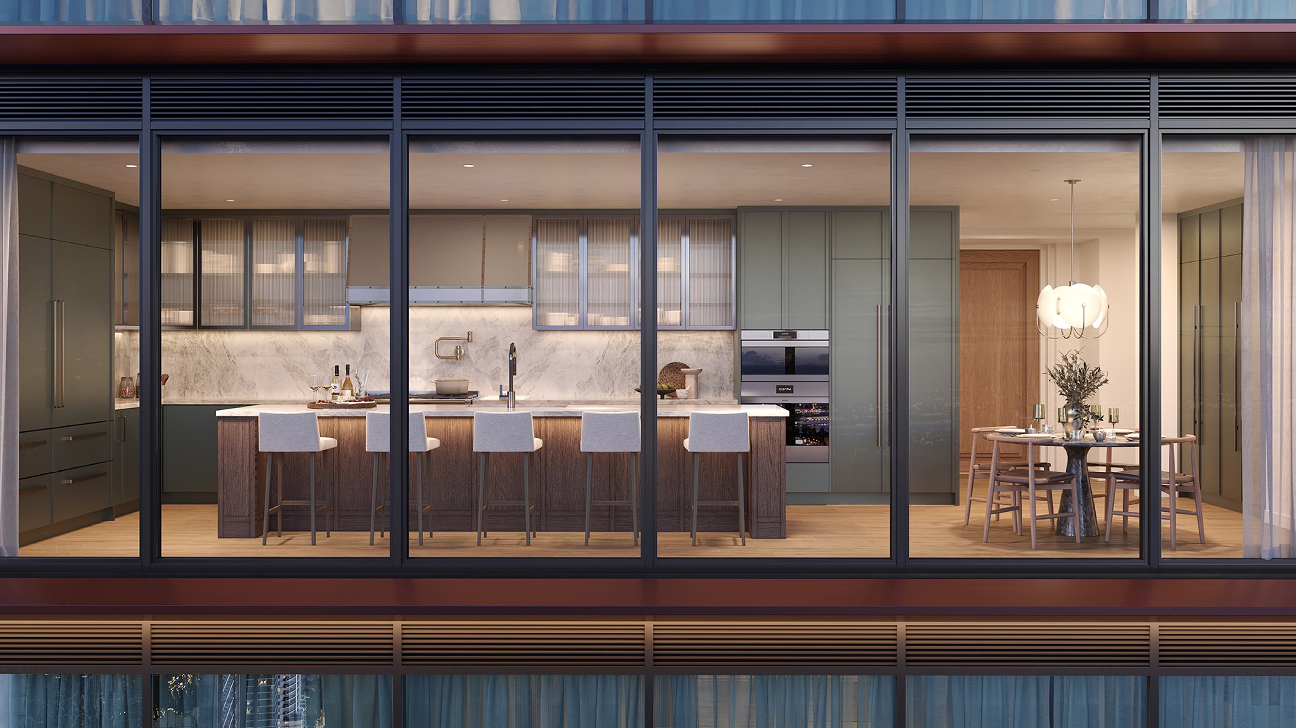 Villa Miami, Edgewater modern apartment kitchen with stone island and integrated appliances, chef‑ready luxury and ultra luxury condos; preconstruction. Featuring interior design.