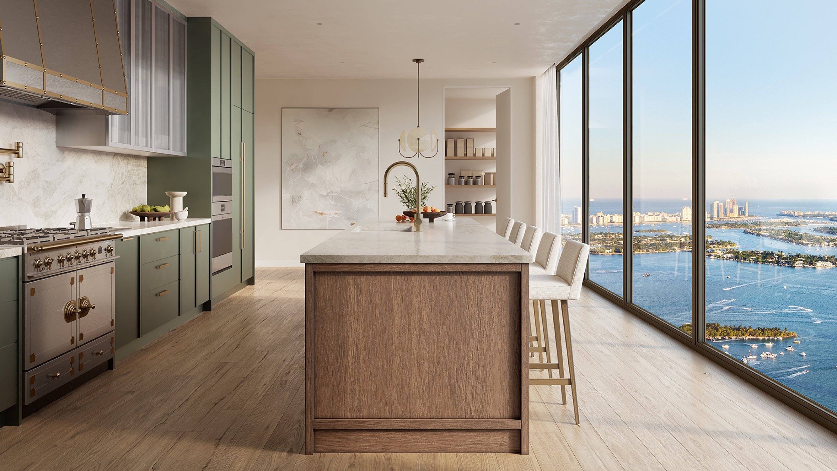 Villa Miami, Edgewater airy kitchen with skyline and sea views, open shelving and wine storage in luxury and ultra luxury condos; preconstruction. Featuring modern and view.
