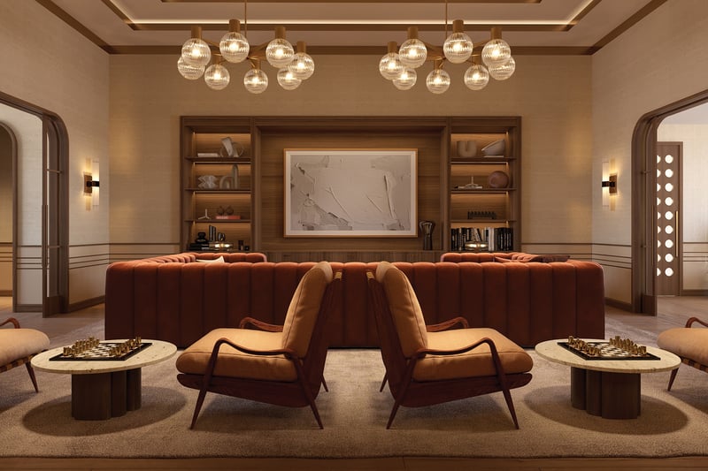 Villa Miami, Edgewater modern living room with curated art, plush seating and balcony, signature great room of luxury and ultra luxury condos; preconstruction. Featuring design.