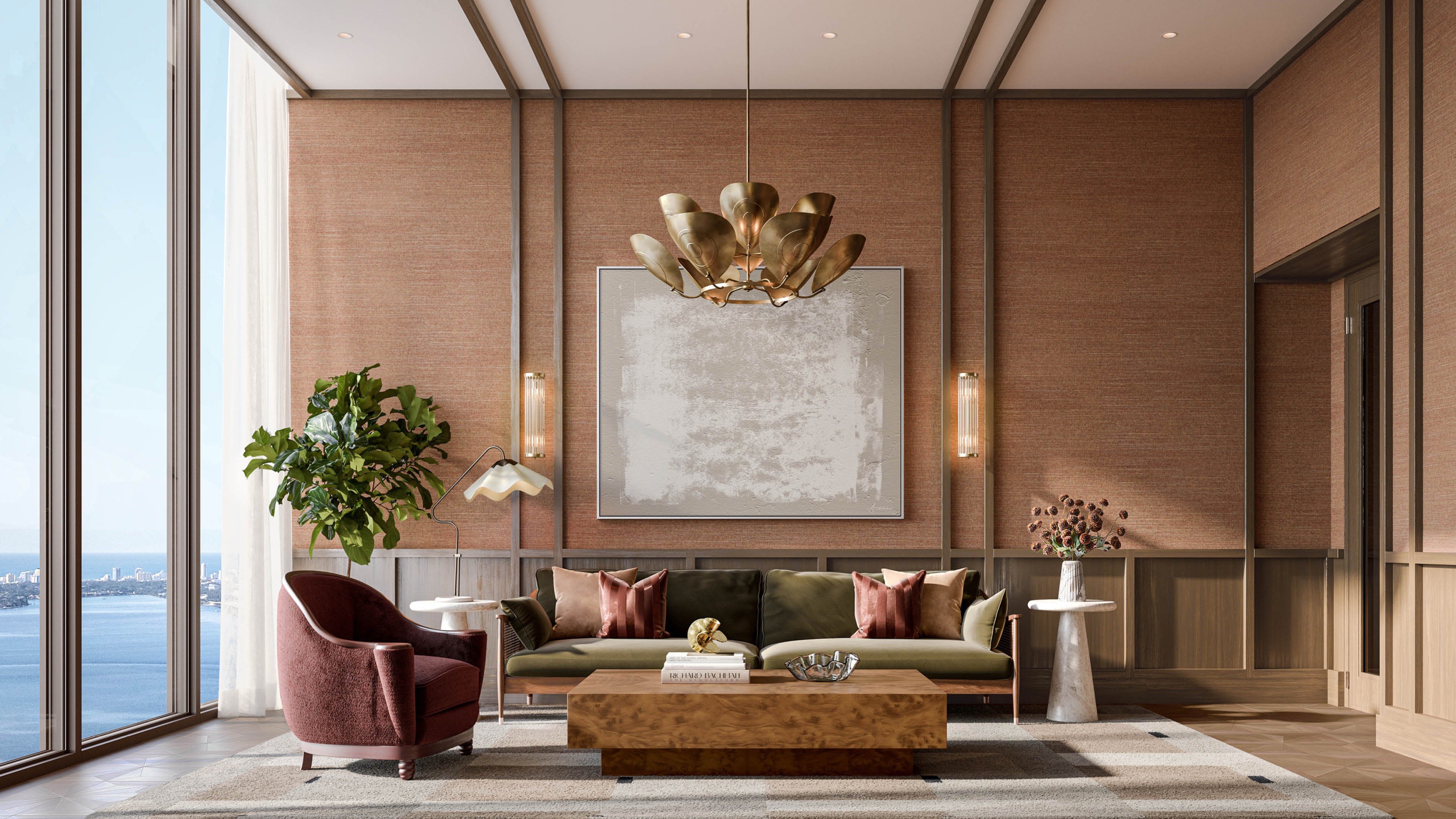 Villa Miami, Edgewater modern living room with sculptural lighting, art and soft neutrals, bayfront luxury and ultra luxury condos in Miami; preconstruction. Featuring interior design.