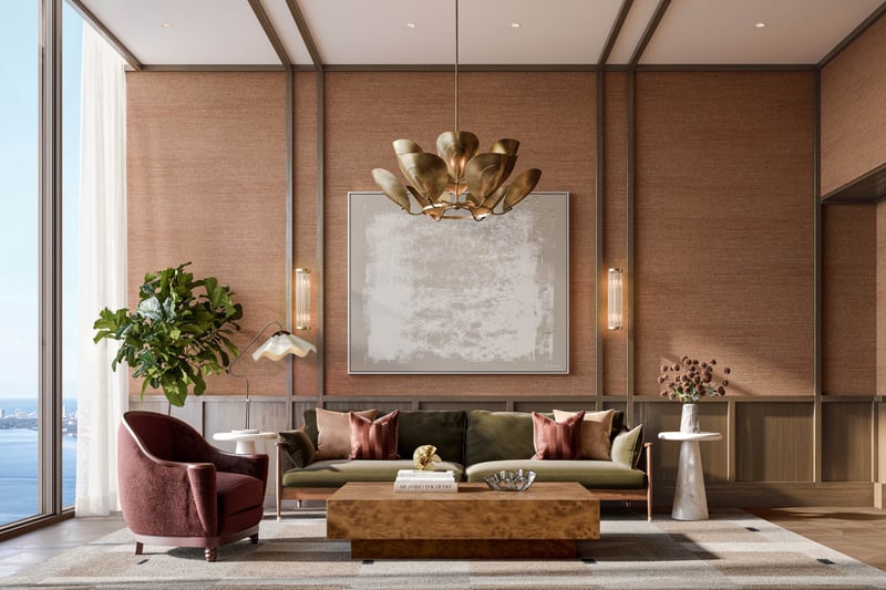 Villa Miami, Edgewater modern living room with sculptural lighting, art and soft neutrals, bayfront luxury and ultra luxury condos in Miami; preconstruction. Featuring interior design.