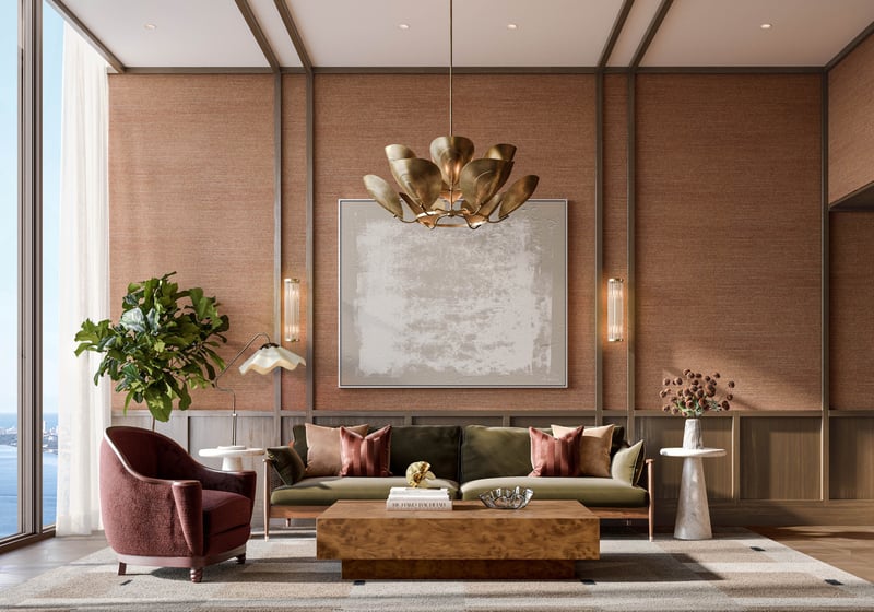 Villa Miami, Edgewater modern living room with sculptural lighting, art and soft neutrals, bayfront luxury and ultra luxury condos in Miami; preconstruction. Featuring interior design.
