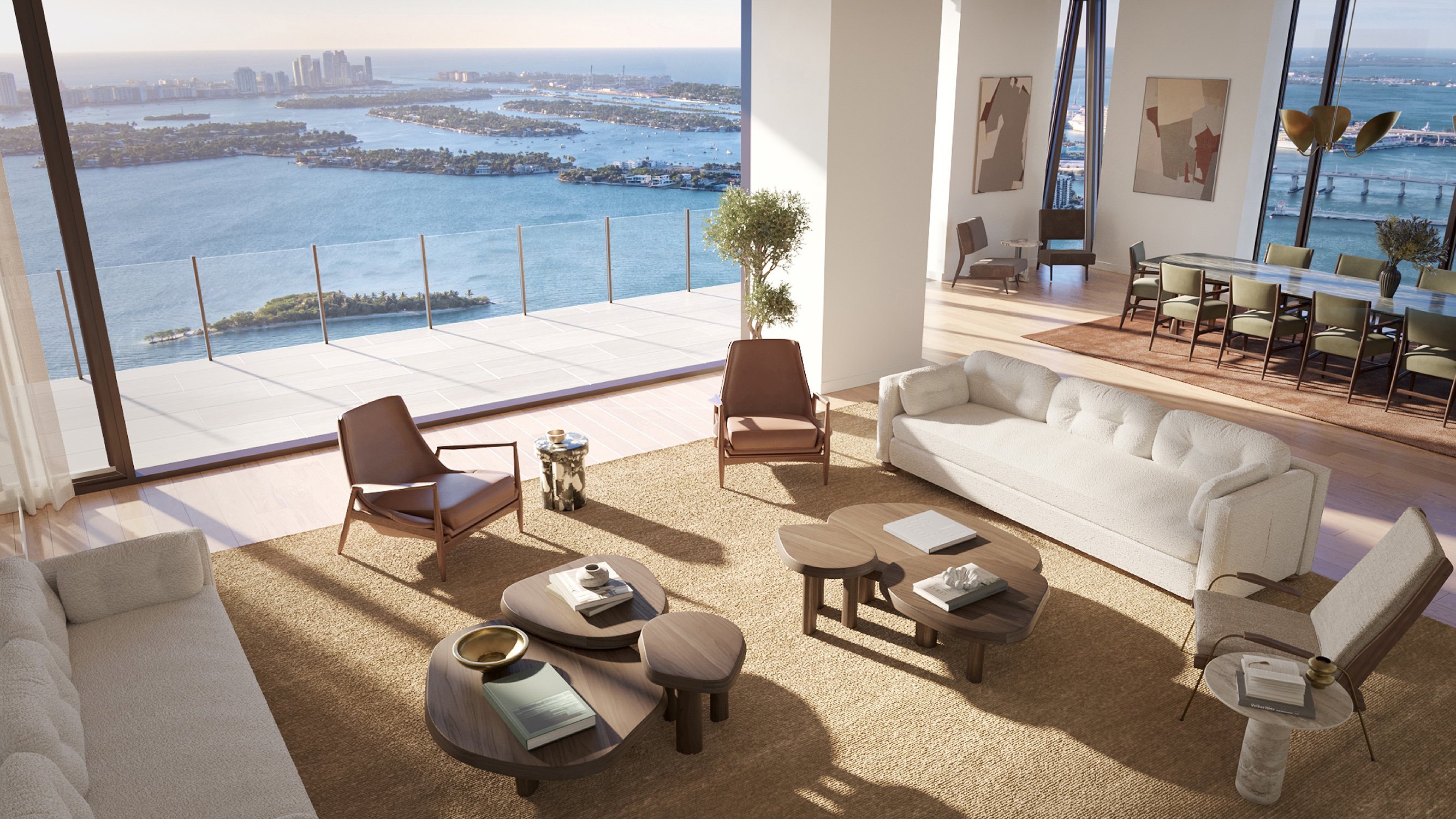 Villa Miami, Edgewater coastal living room with unobstructed ocean horizon and terrace, luxury and ultra luxury condos in Miami; preconstruction. Featuring modern and view.