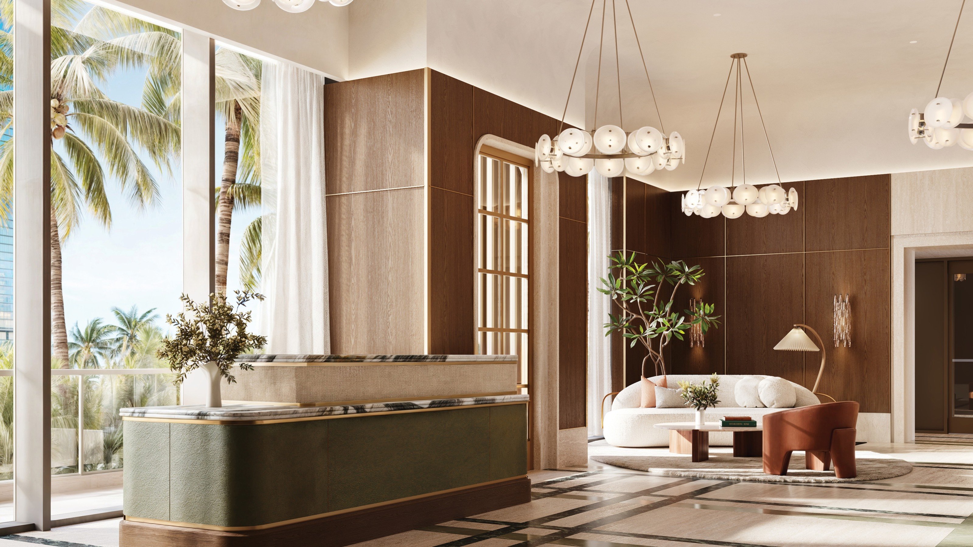 Villa Miami, Edgewater lobby beneath palm trees and double‑height glass, arrival experience for luxury and ultra luxury condos; preconstruction. Featuring modern interior.