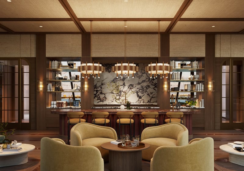 Villa Miami, Edgewater residents’ lounge with bespoke seating and bay outlook, club amenity within luxury and ultra luxury condos; preconstruction. Featuring modern interior design.