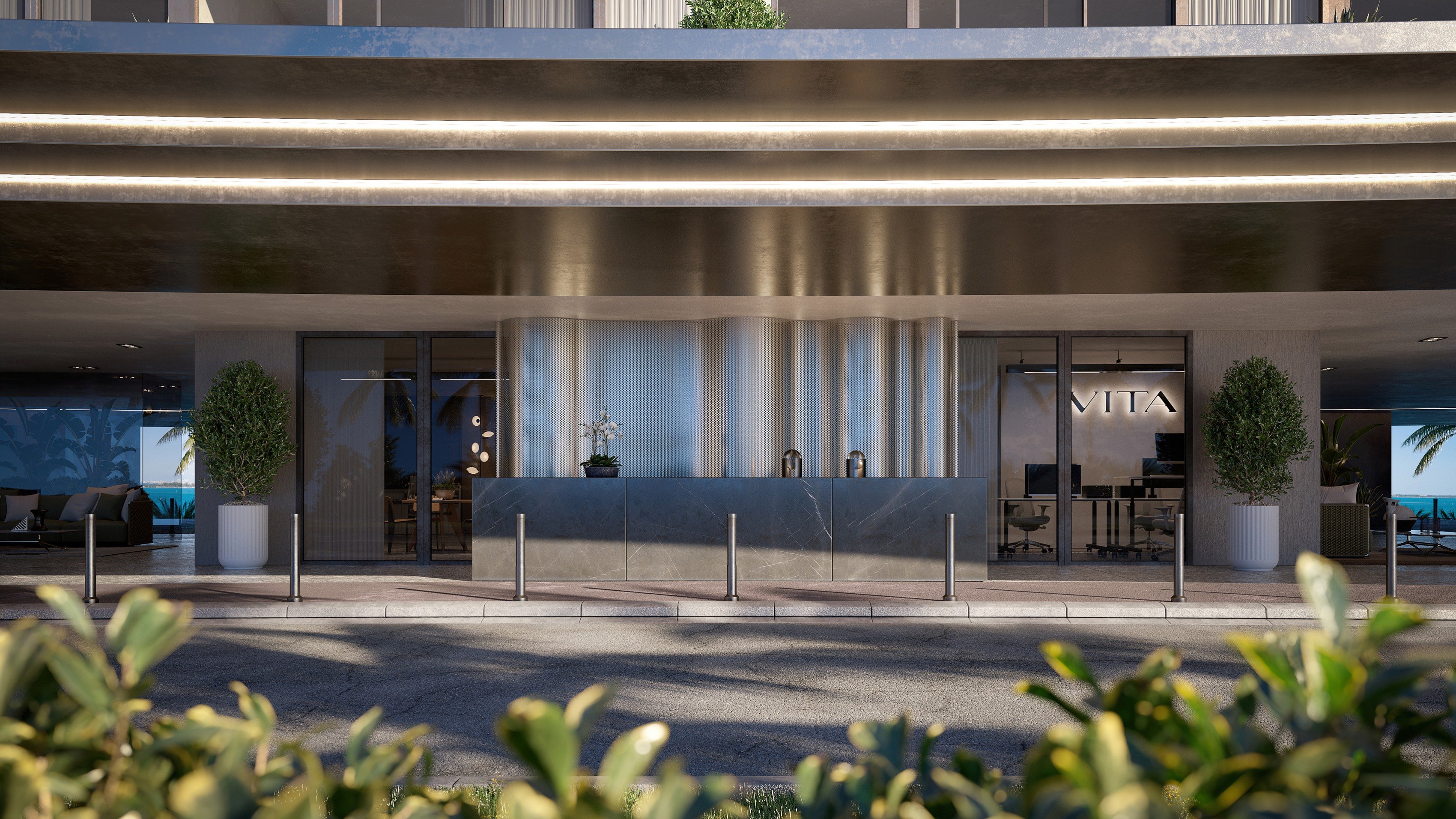 Vita at Grove Isle, Coconut Grove lobby exterior with modern porte‑cochère, private‑island luxury and ultra luxury condos in Miami; preconstruction. Featuring design.