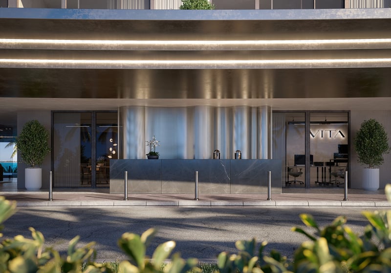Vita at Grove Isle, Coconut Grove lobby exterior with modern porte‑cochère, private‑island luxury and ultra luxury condos in Miami; preconstruction. Featuring design.