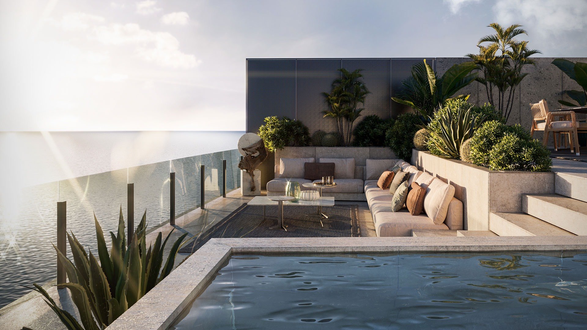 Vita at Grove Isle, Coconut Grove balcony seating overlooking pool and bay, indoor‑outdoor life in luxury and ultra luxury condos; preconstruction. Featuring Miami and ocean view.