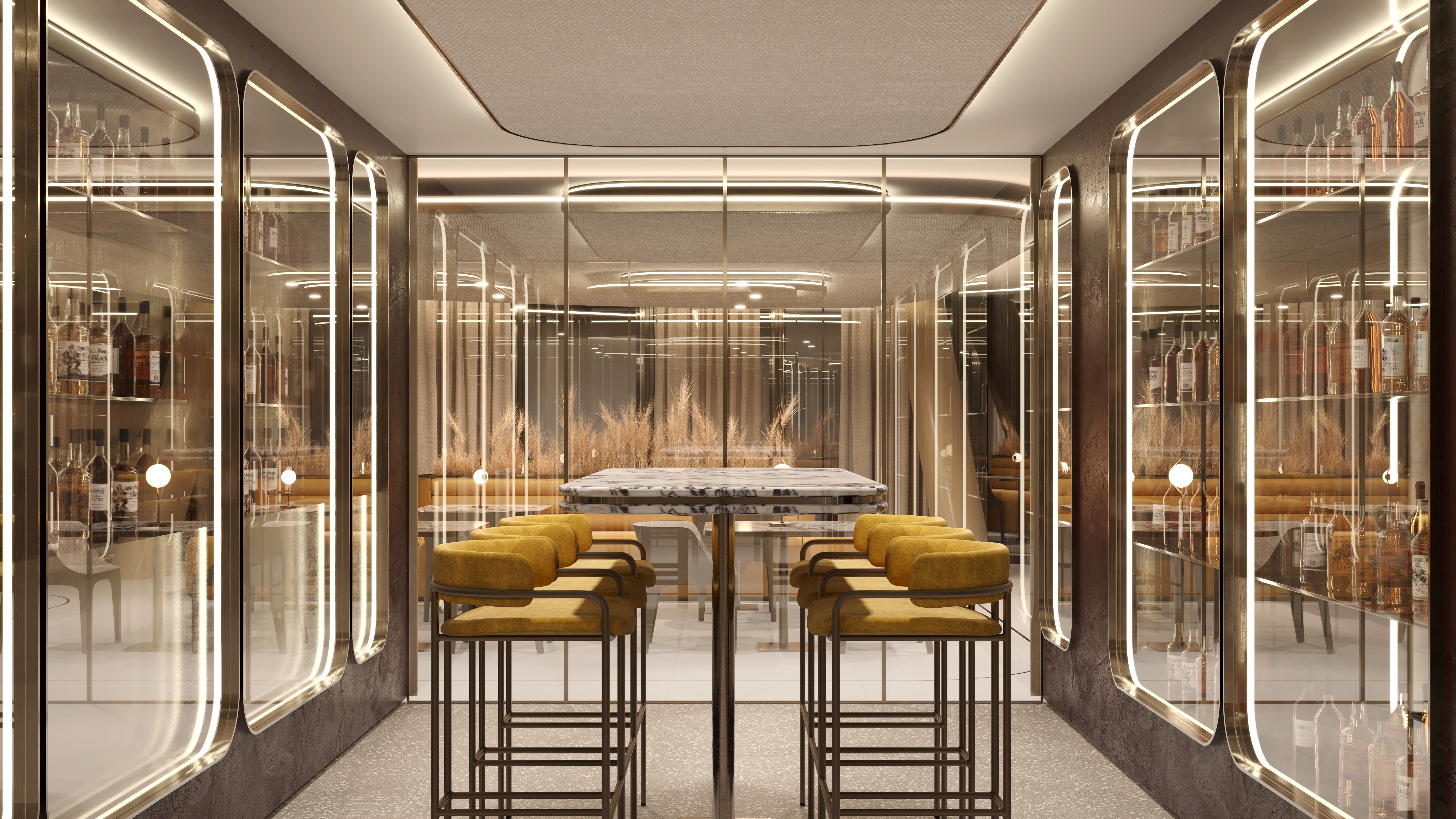 Vita at Grove Isle, Coconut Grove contemporary bar interior with stone and light, club ambiance for luxury and ultra luxury condos; preconstruction. Featuring Miami and modern design.