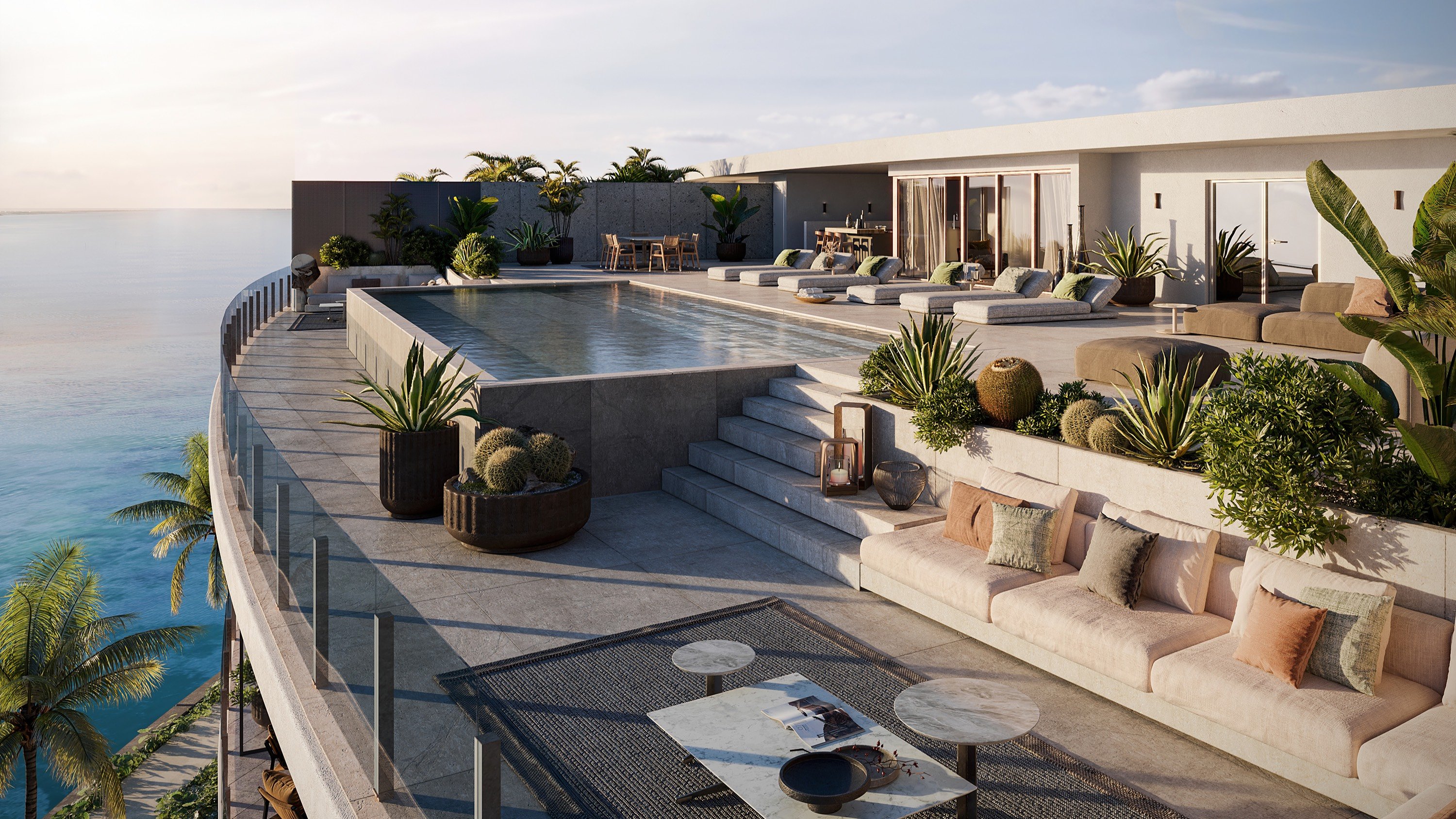 Vita at Grove Isle, Coconut Grove elevated pool terrace with sweeping Biscayne Bay views; luxury and ultra luxury condos, preconstruction. Featuring Miami, poolside, and ocean view.