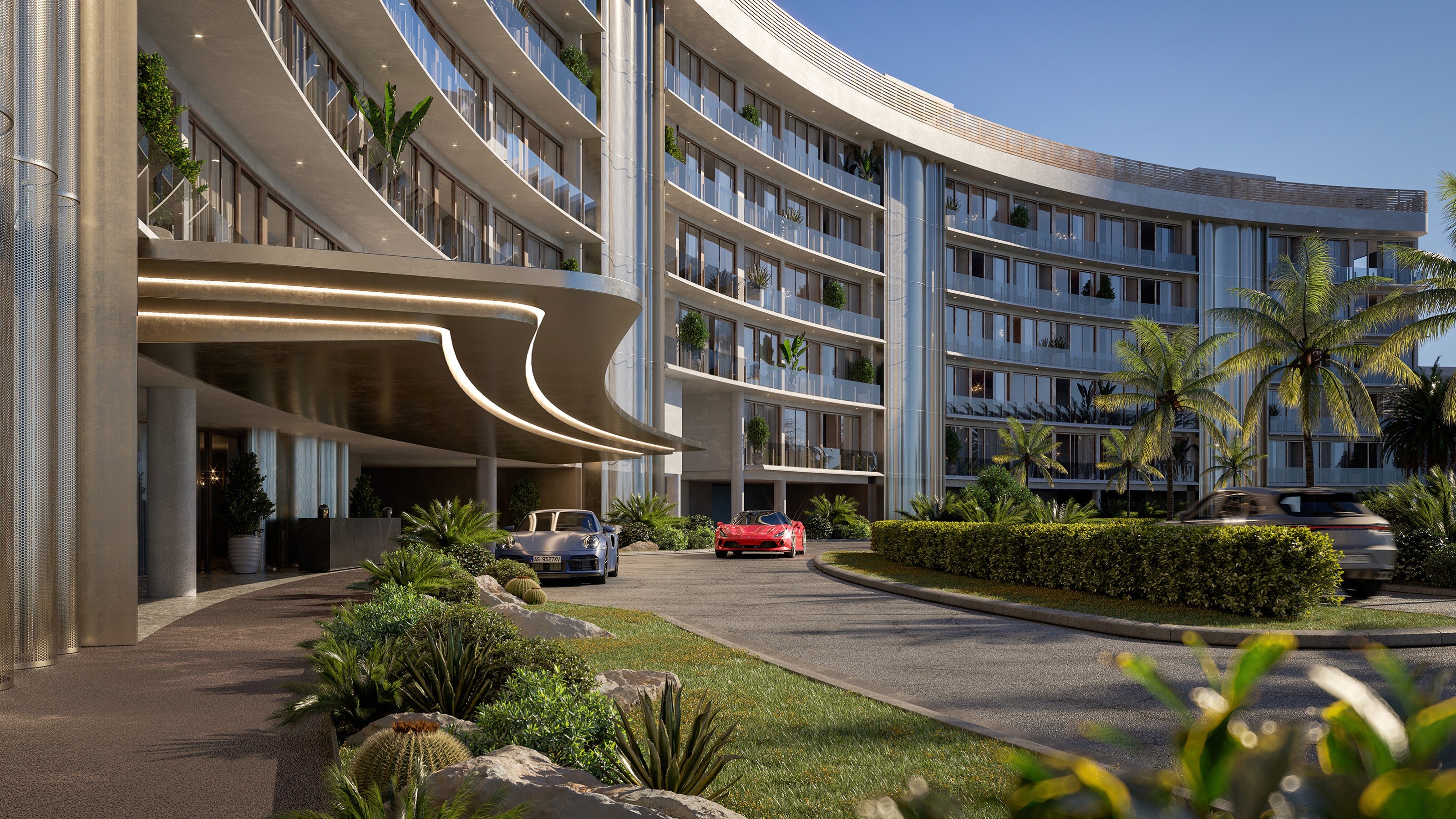 Vita at Grove Isle, Coconut Grove porte‑cochère arrival with sports cars and tropical landscaping; ultra luxury and luxury condos, preconstruction. Featuring Miami, residences, and entrance.