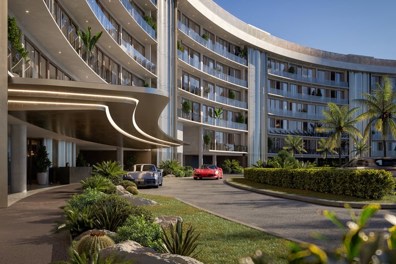 Vita at Grove Isle, Coconut Grove porte‑cochère arrival with sports cars and tropical landscaping; ultra luxury and luxury condos, preconstruction. Featuring Miami, residences, and entrance.