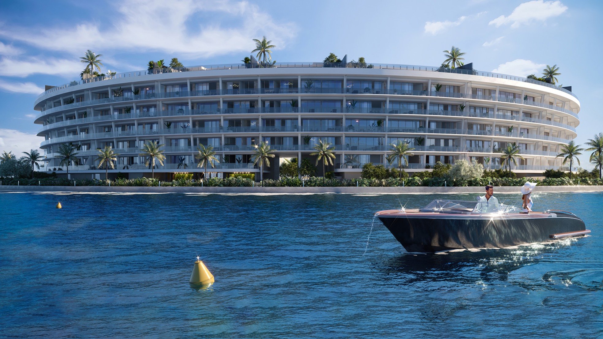 Vita at Grove Isle, Coconut Grove seen from a boat on Biscayne Bay, waterfront condominium setting; luxury and ultra luxury condos, preconstruction.