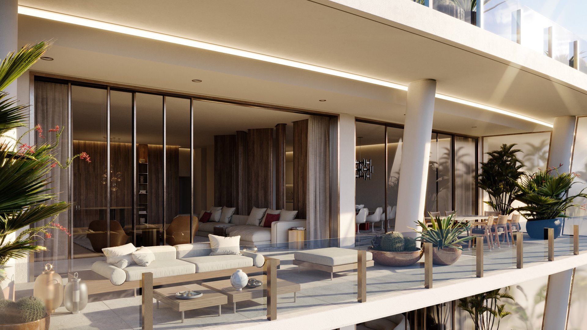 Vita at Grove Isle, Coconut Grove modern balcony living space with lounge seating and planters; luxury and ultra luxury condos, preconstruction. Featuring Miami.