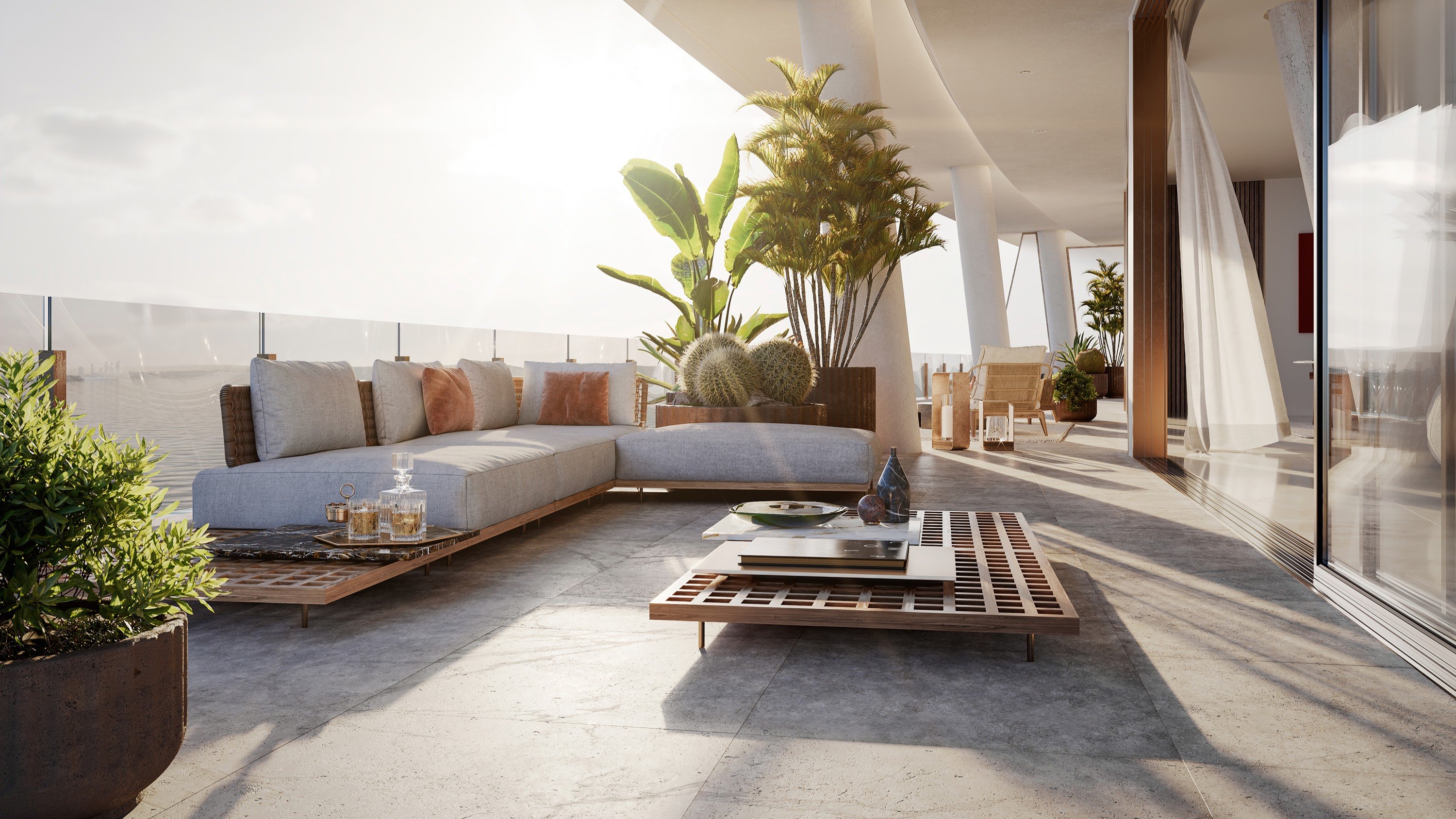 Vita at Grove Isle, Coconut Grove indoor‑outdoor balcony lounge, contemporary lines and bay breezes; luxury and ultra luxury condos, preconstruction. Featuring Miami and modern interior design.