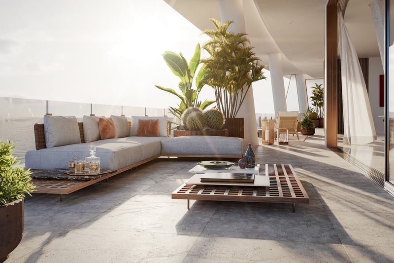 Vita at Grove Isle, Coconut Grove indoor‑outdoor balcony lounge, contemporary lines and bay breezes; luxury and ultra luxury condos, preconstruction. Featuring Miami and modern interior design.