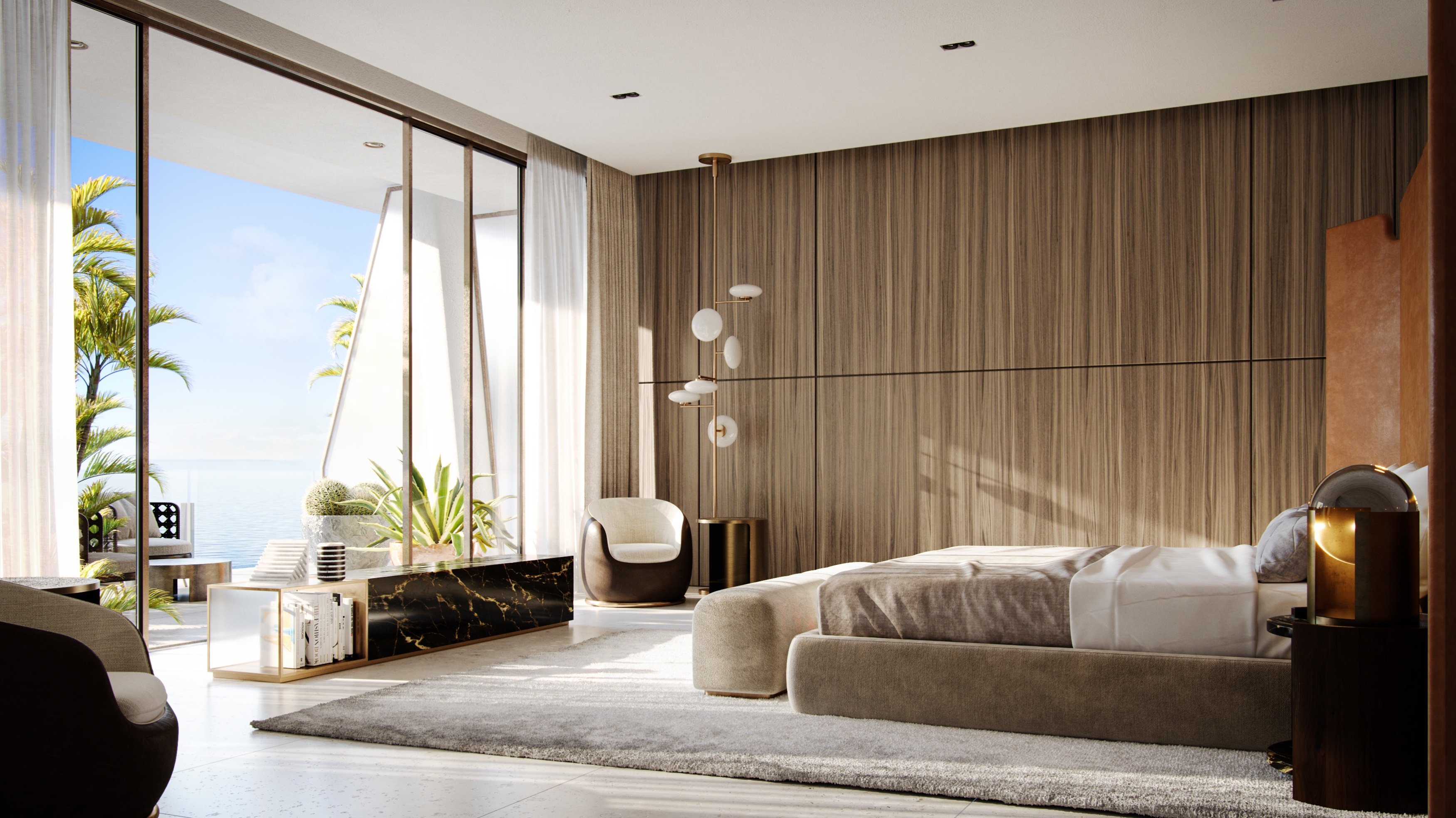 Vita at Grove Isle, Coconut Grove bedroom oriented to the water, floor‑to‑ceiling glazing; luxury and ultra luxury condos, preconstruction. Featuring Miami, modern interior, and ocean view.