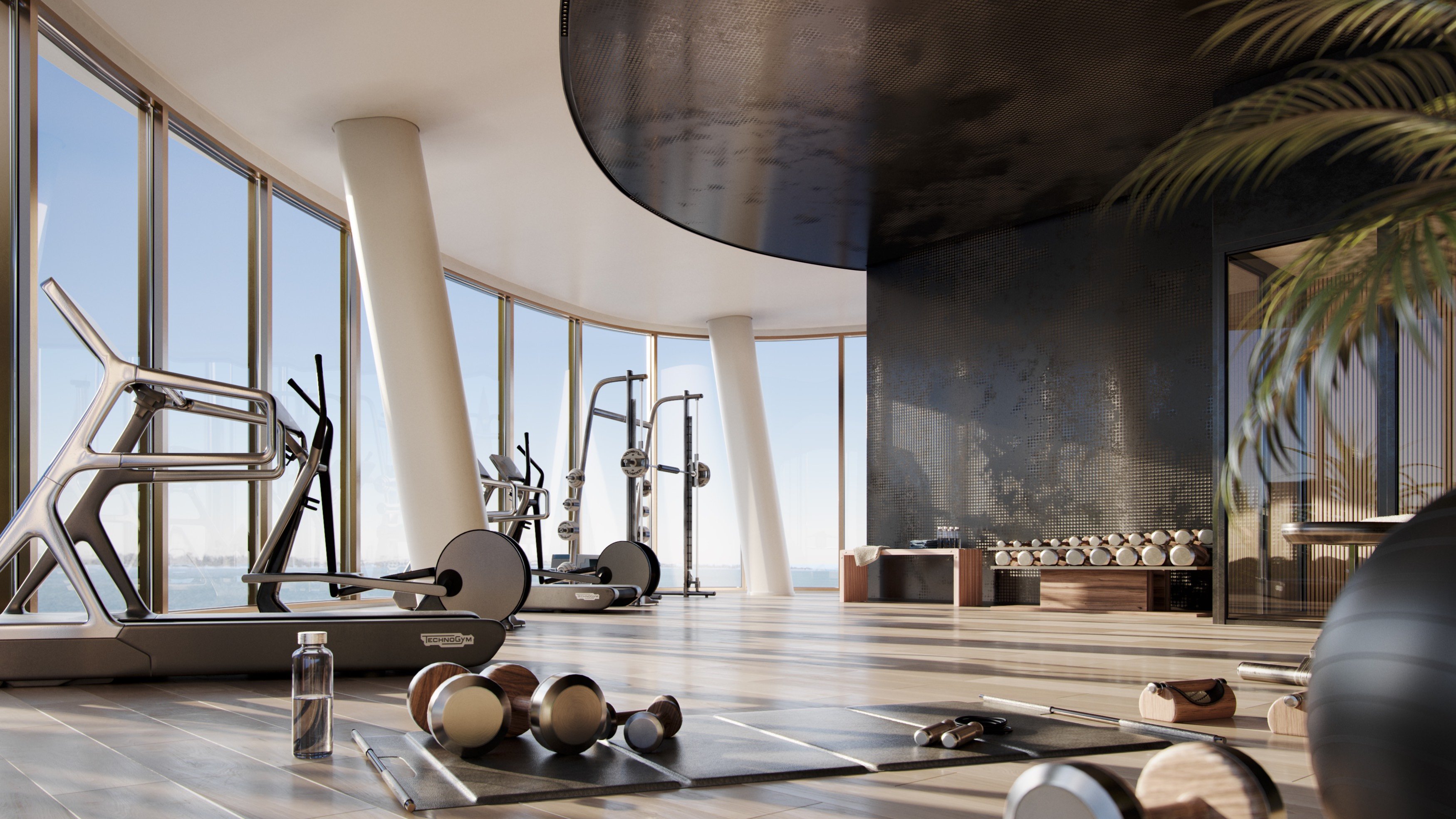 Vita at Grove Isle, Coconut Grove light‑filled gym with water views and premium equipment; luxury and ultra luxury condos, preconstruction. Featuring Miami and modern interior.