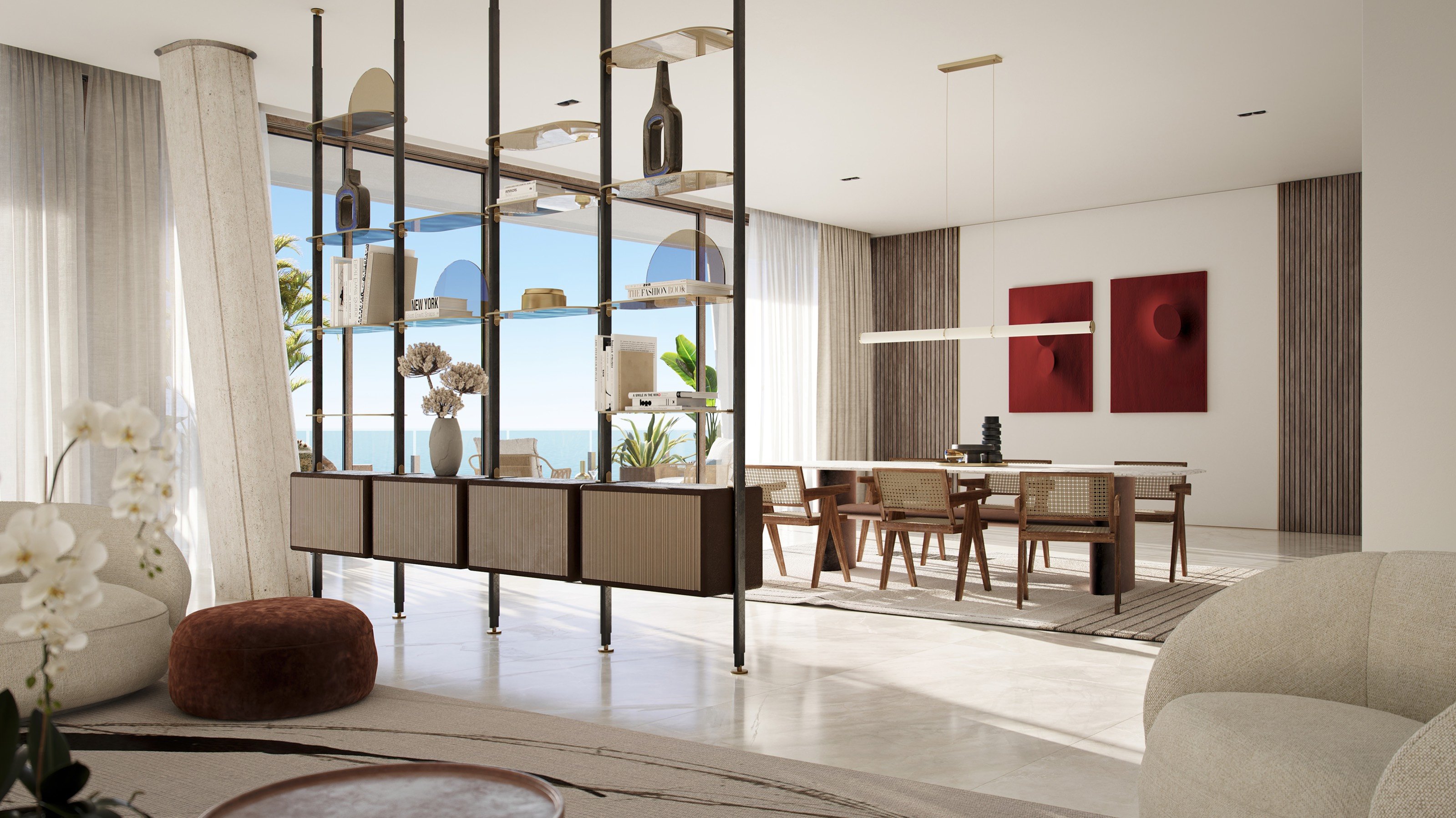 Vita at Grove Isle, Coconut Grove open dining‑living space connecting to a view terrace; luxury and ultra luxury condos, preconstruction. Featuring Miami and modern interior.