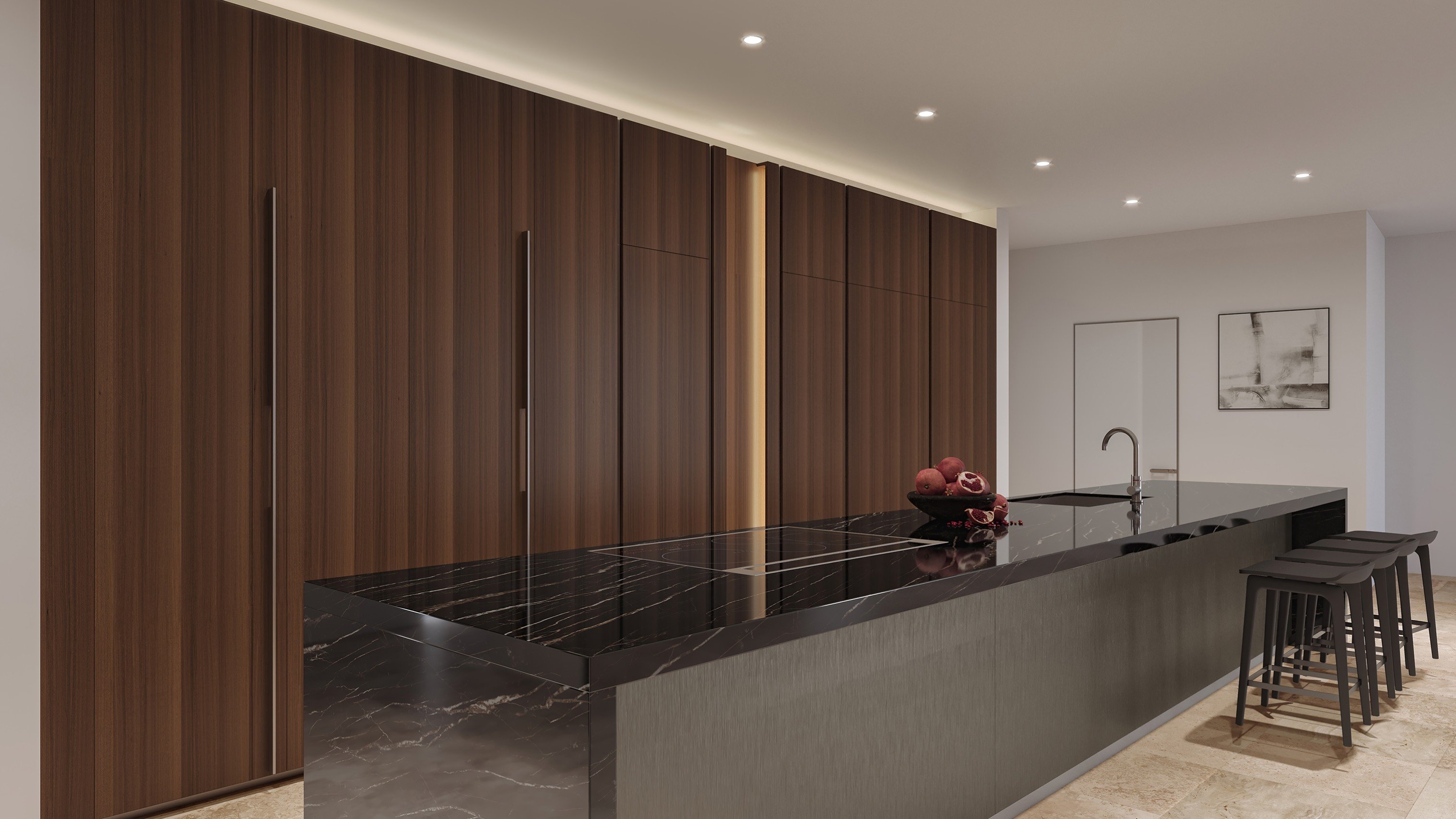 Vita at Grove Isle, Coconut Grove kitchen with black marble counters and integrated appliances, bay backdrop; luxury and ultra luxury condos, preconstruction. Featuring Miami, modern interior, and countertop.