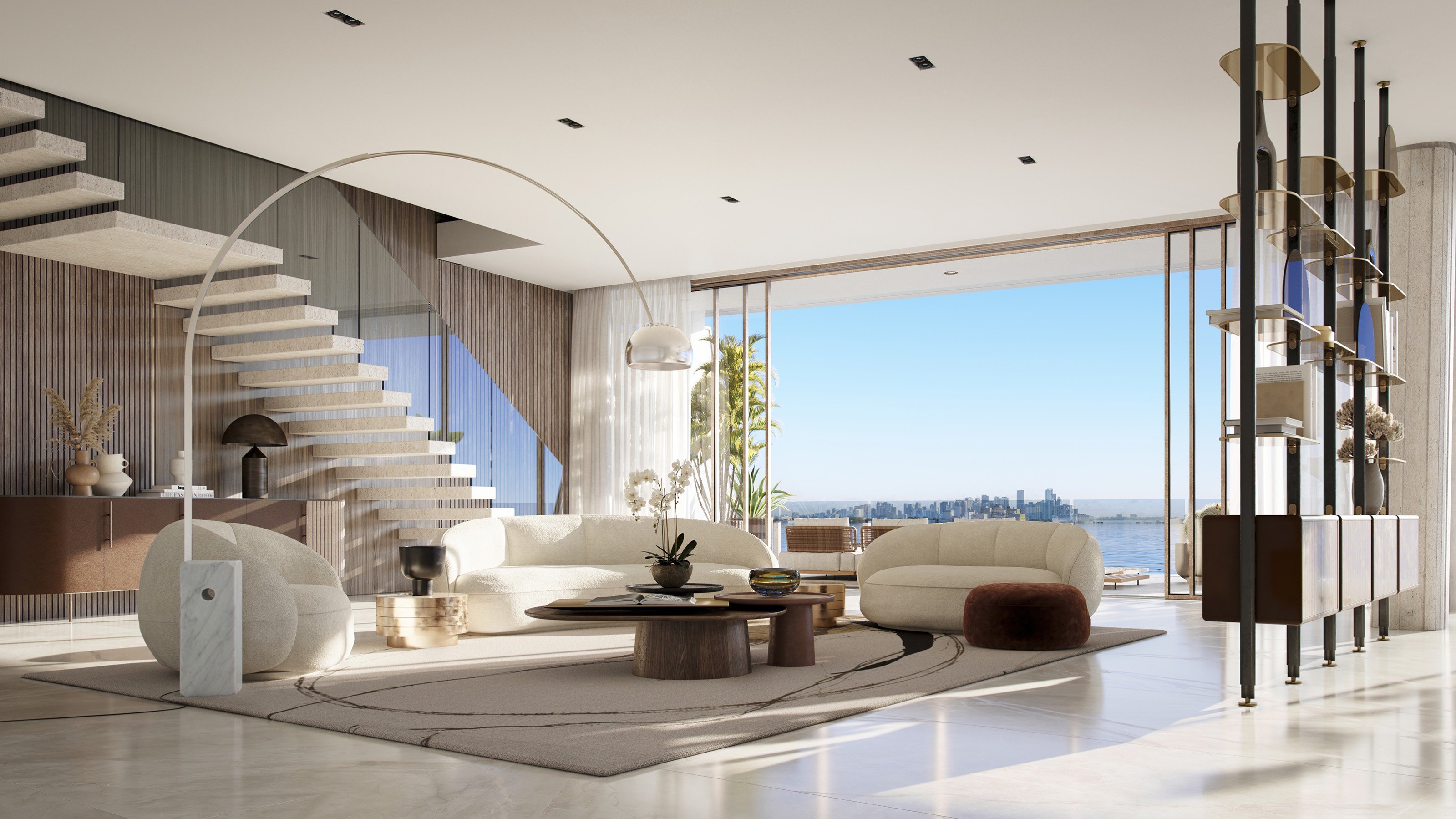 Vita at Grove Isle, Coconut Grove living room showcasing architectural curves and natural textures, bay view; luxury and ultra luxury condos, preconstruction. Featuring Miami, modern interior, and architecture.