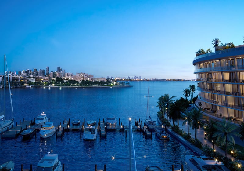 Vita at Grove Isle, Coconut Grove night skyline over marina and towers, private‑island luxury and ultra luxury condos; preconstruction. Featuring Miami, waterfront, view, and skyscrapers.