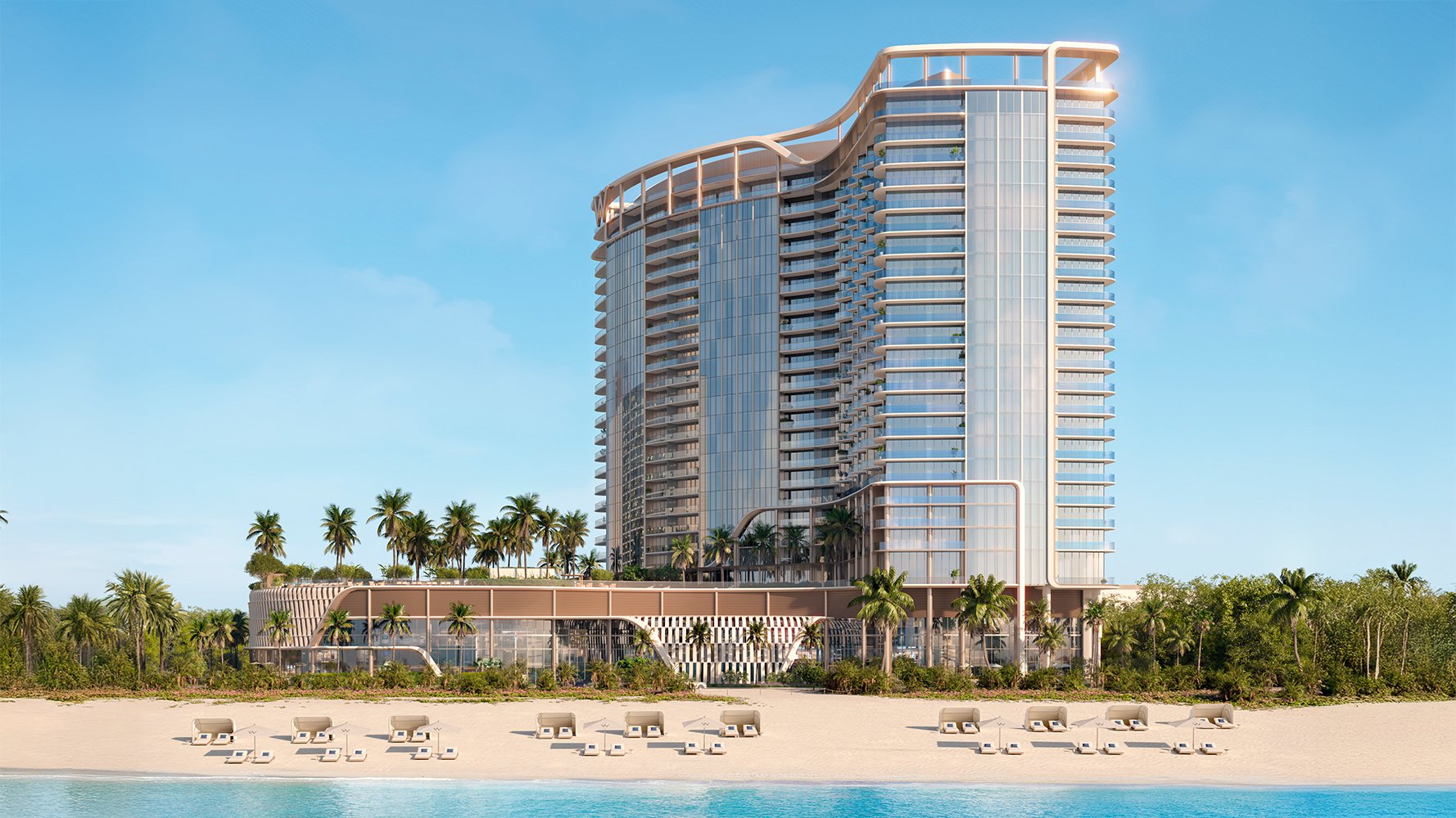 W Pompano Beach Residences oceanfront hotel property exterior, showcasing luxury and ultra luxury preconstruction condos on the beach. Featuring beachfront.