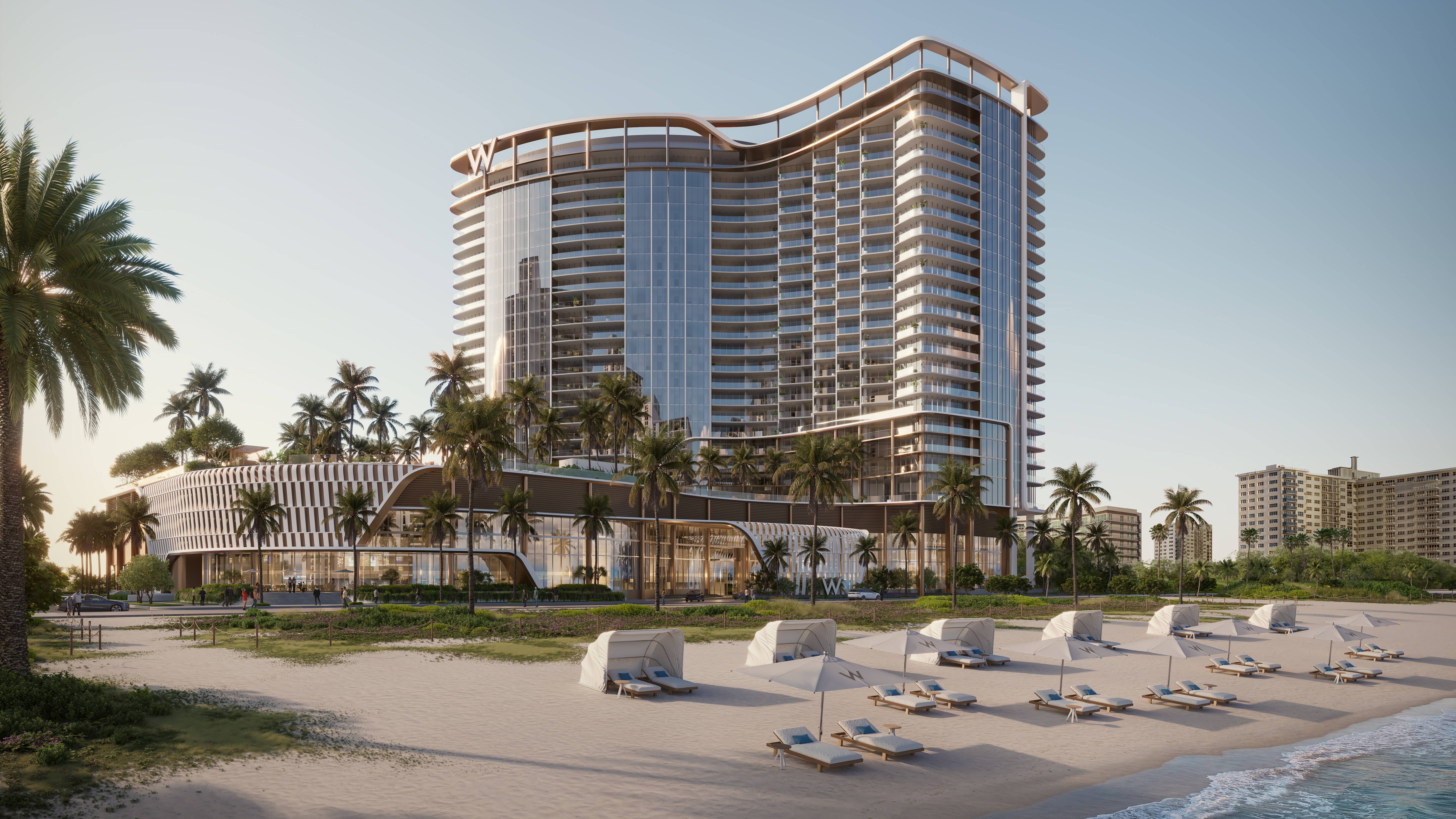 W Pompano Beach Residences beachfront resort at sunset, highlighting luxury and ultra luxury preconstruction condos with ocean views. Featuring hotel.
