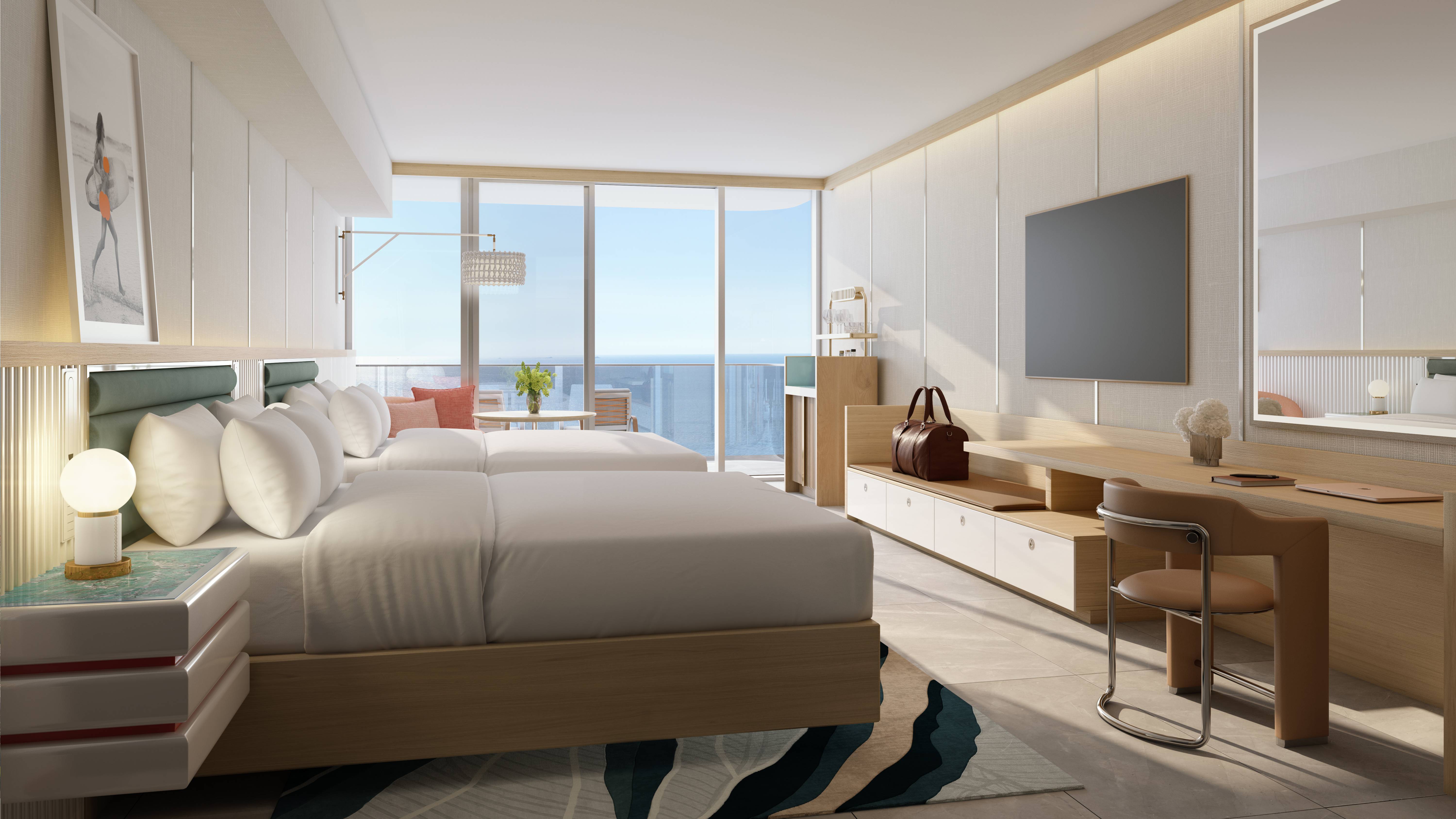 W Pompano Beach Residences hotel-style room interior, luxury and ultra luxury preconstruction condos with coastal design. Featuring beachfront.