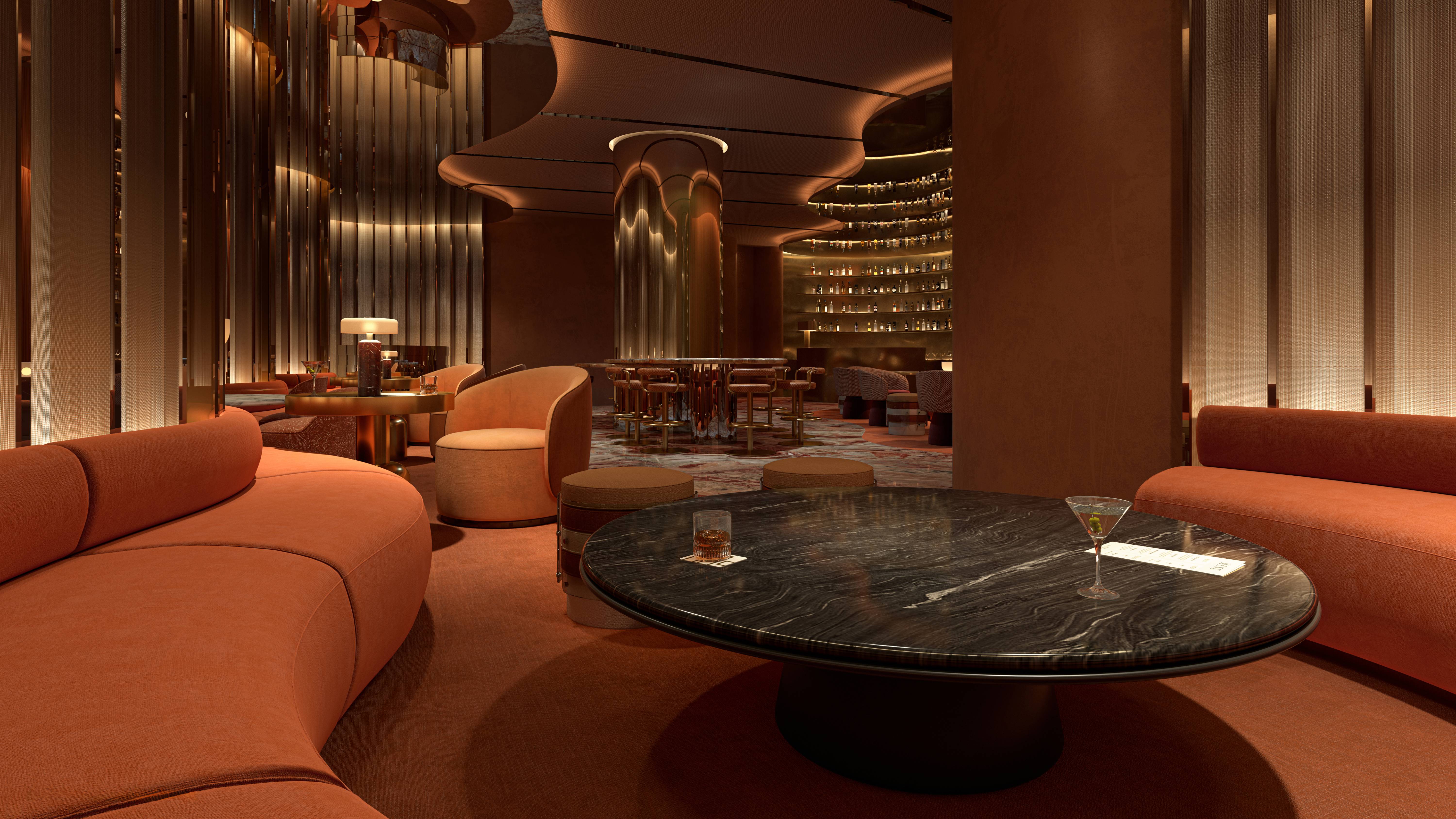 W Pompano Beach Residences elegant lounge and bar interior, luxury and ultra luxury amenity for preconstruction condos.