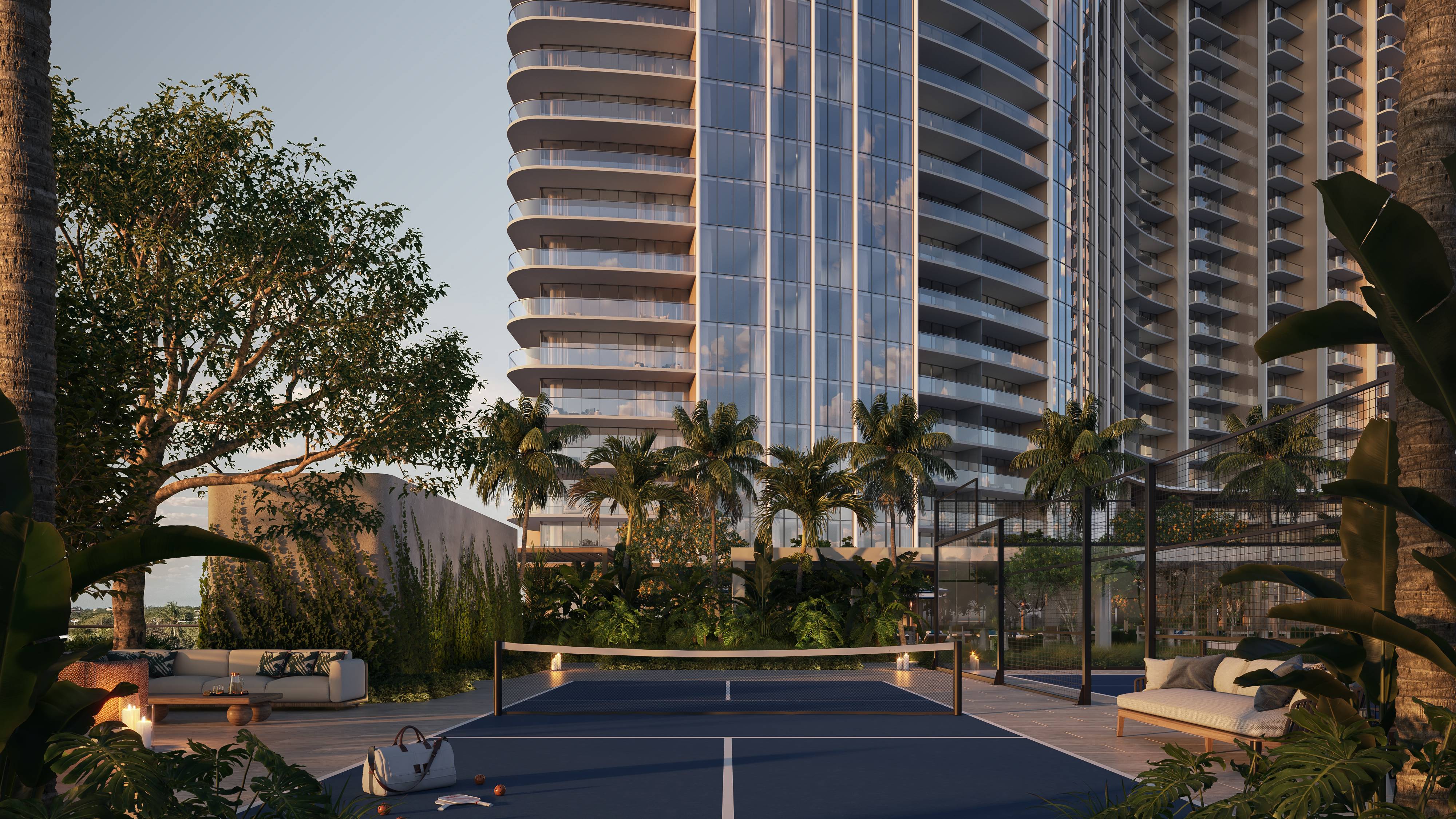 W Pompano Beach Residences outdoor tennis court and garden, showcasing luxury and ultra luxury preconstruction condos amenities. Featuring apartment.