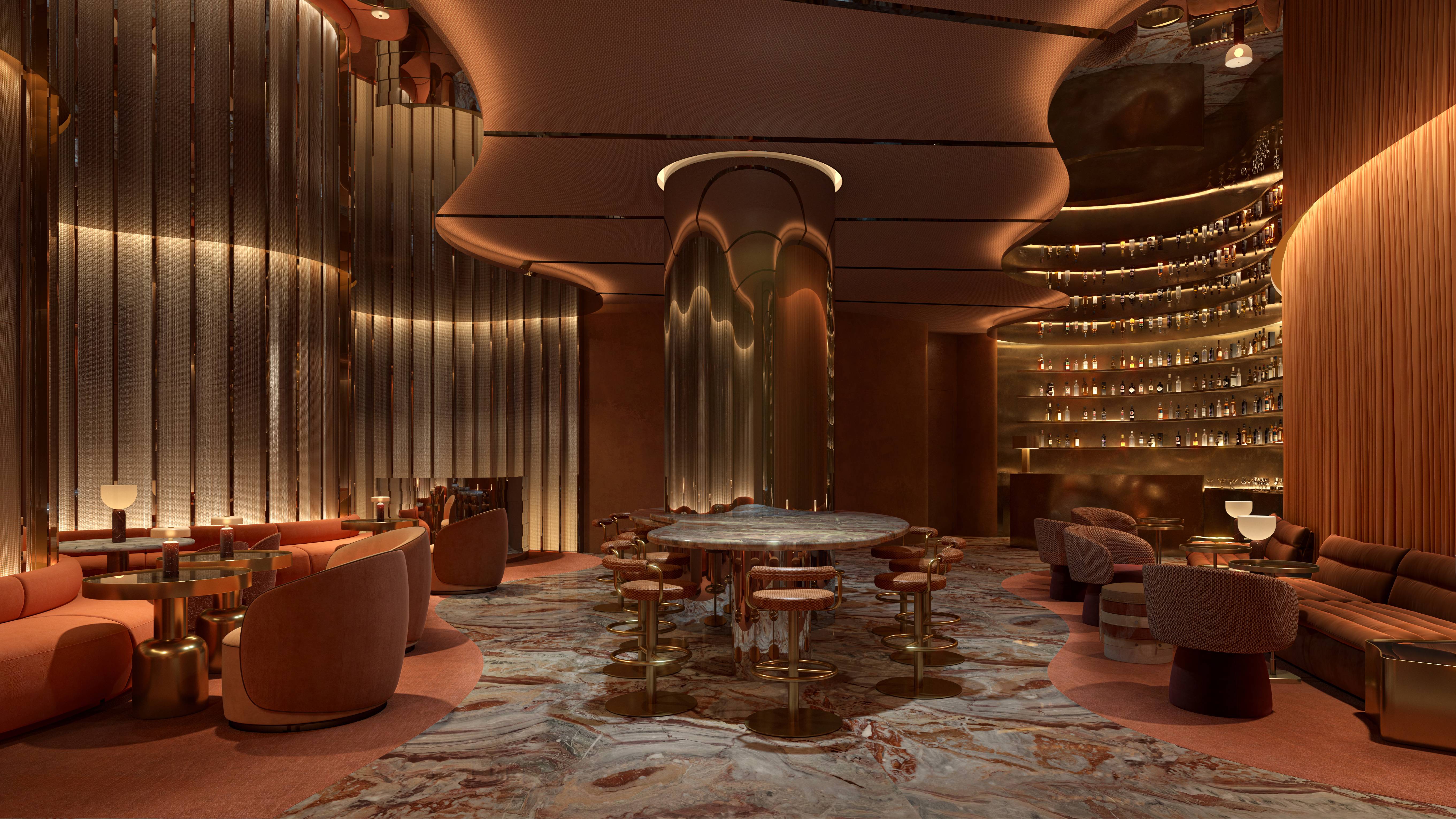 W Pompano Beach Residences luxury bar interior design, ultra luxury social space for preconstruction condos.