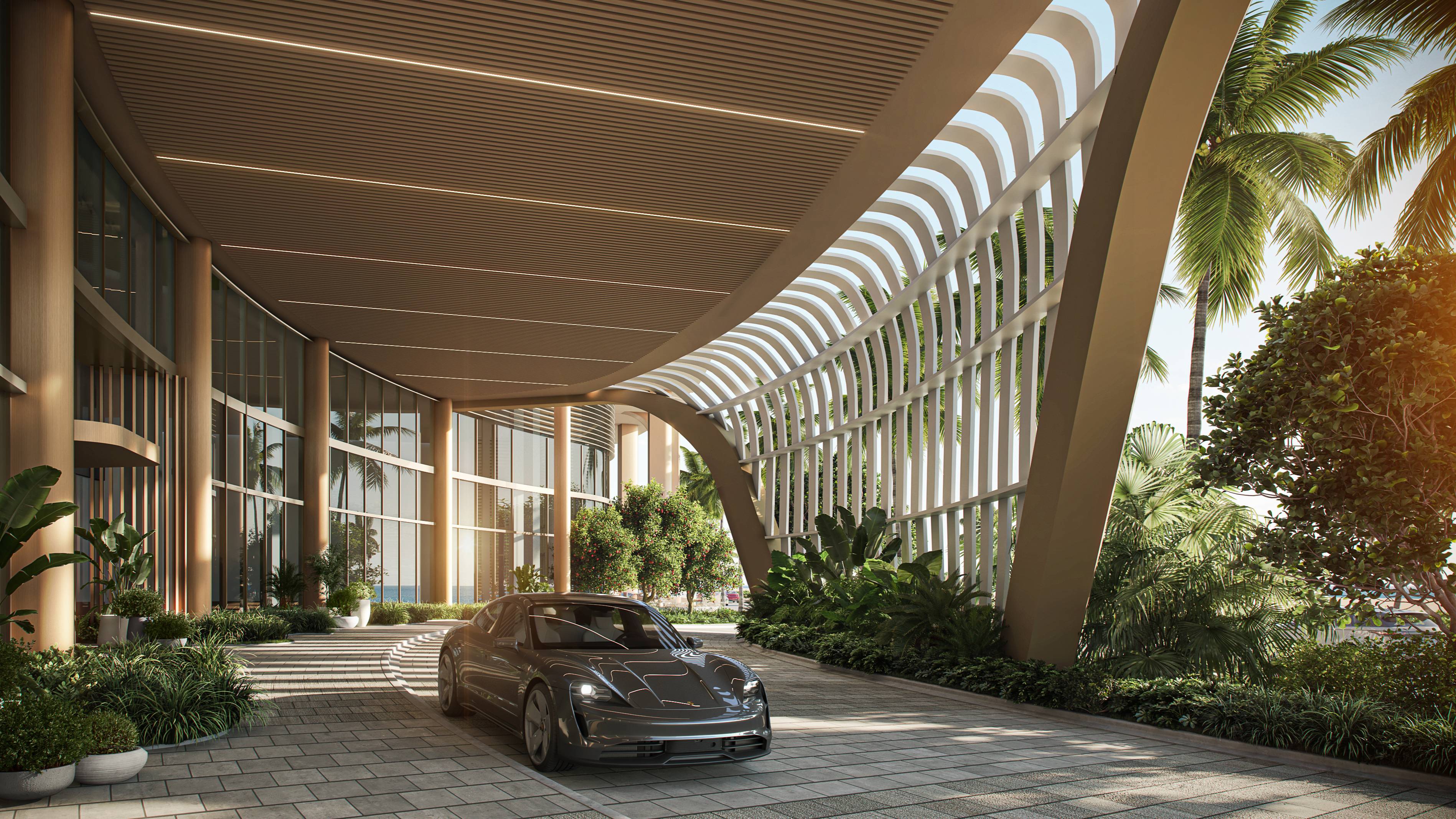 W Pompano Beach Residences entrance arrival with sports car, showcasing luxury and ultra luxury preconstruction condos lifestyle.
