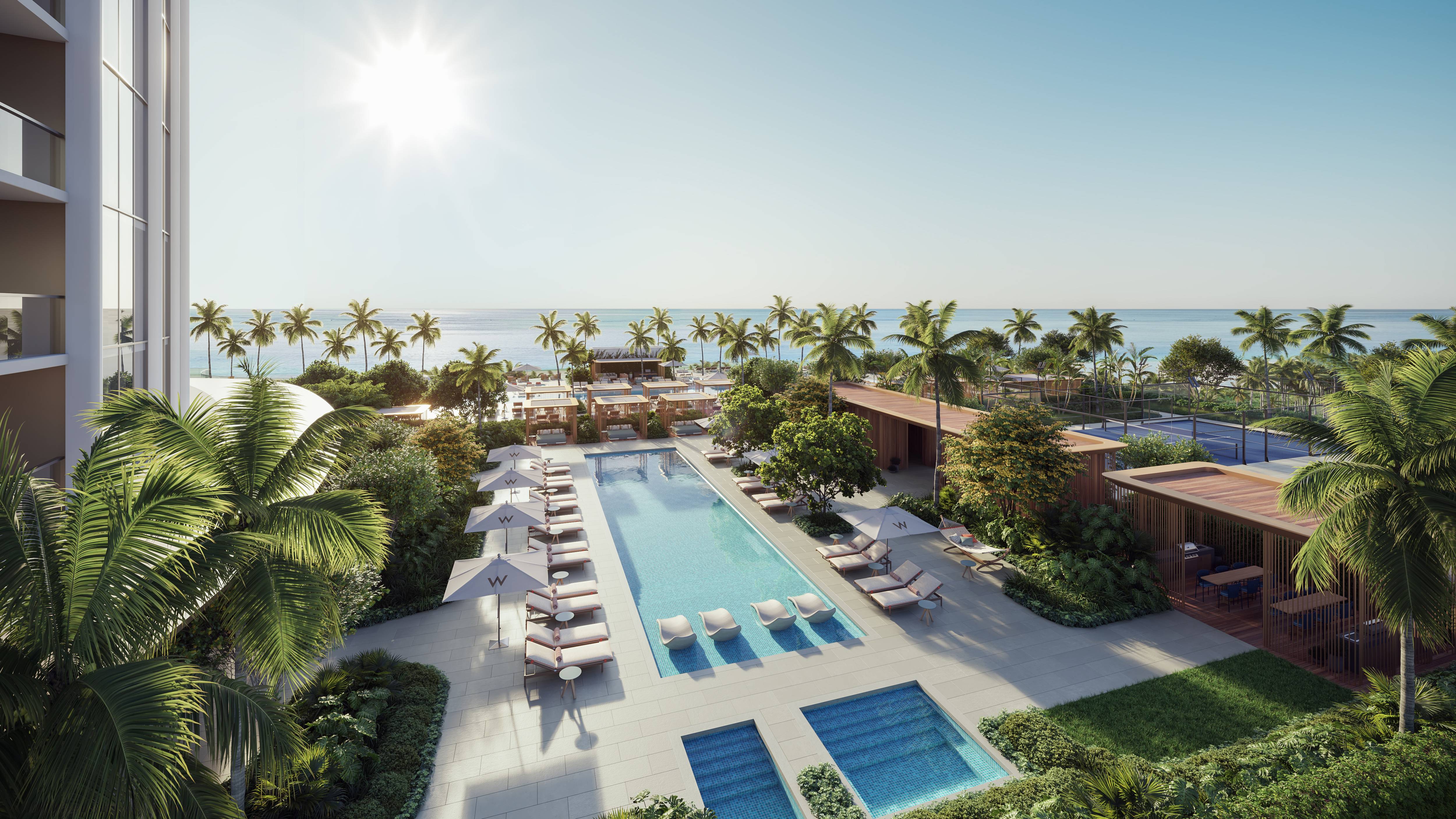 W Pompano Beach Residences poolside resort with ocean view, highlighting luxury and ultra luxury preconstruction condos amenities.