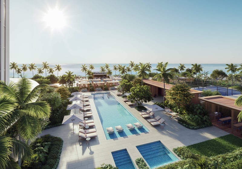 W Pompano Beach Residences poolside resort with ocean view, highlighting luxury and ultra luxury preconstruction condos amenities.