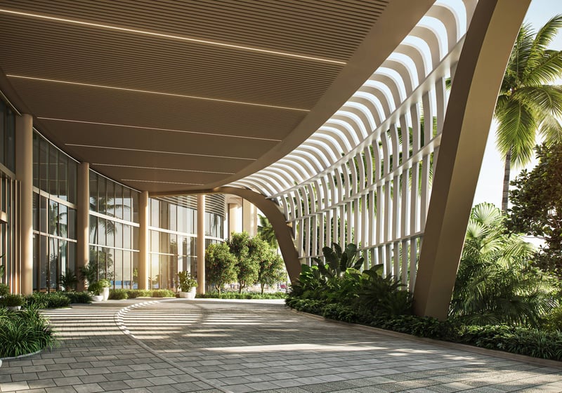 W Pompano Beach Residences modern architectural entryway, showcasing luxury and ultra luxury preconstruction condos arrival experience.