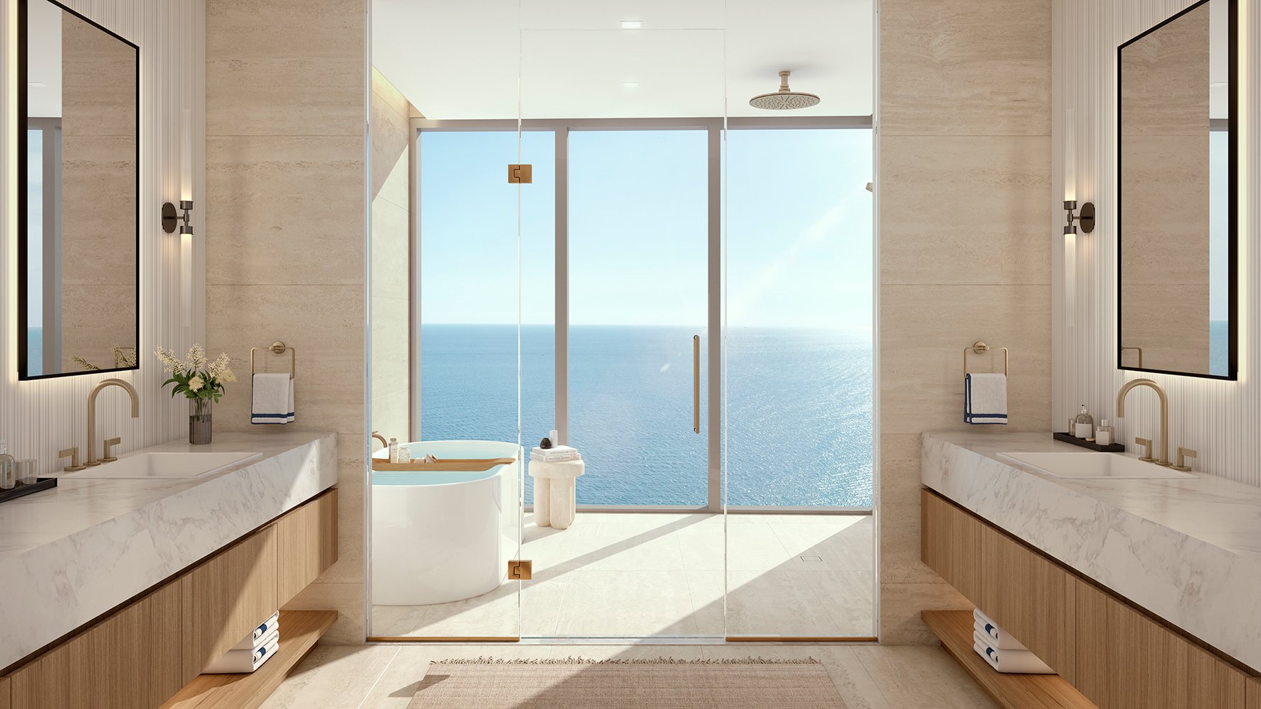 W Pompano Beach Residences bathroom with ocean view, showcasing luxury and ultra luxury preconstruction condos coastal lifestyle. Featuring modern.