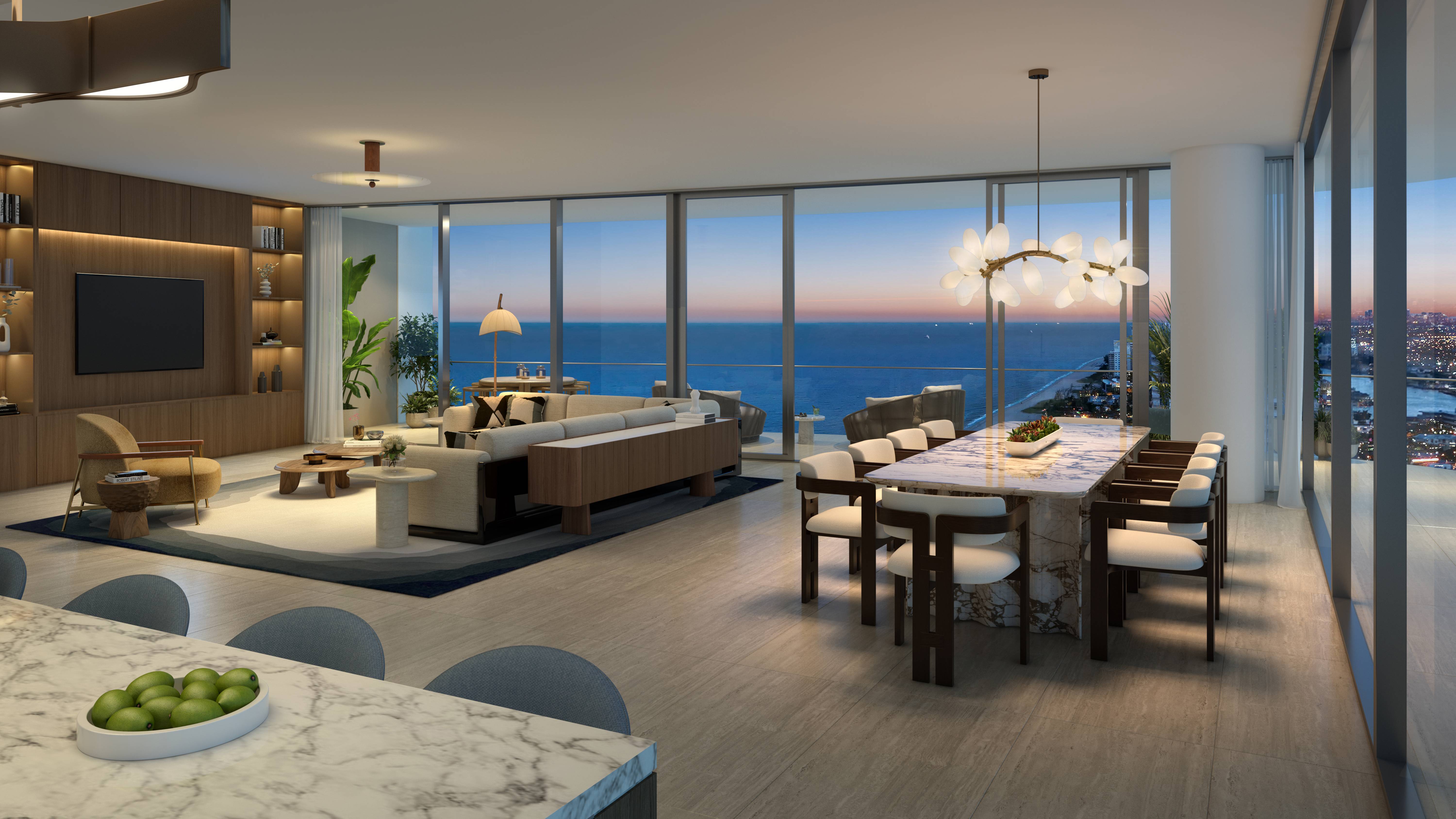 W Pompano Beach Residences living room interior with ocean view, showcasing luxury and ultra luxury preconstruction condos. Featuring modern.