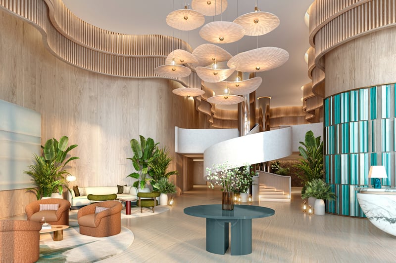 W Pompano Beach Residences modern lobby design, luxury and ultra luxury amenity for preconstruction condos. Featuring interior.