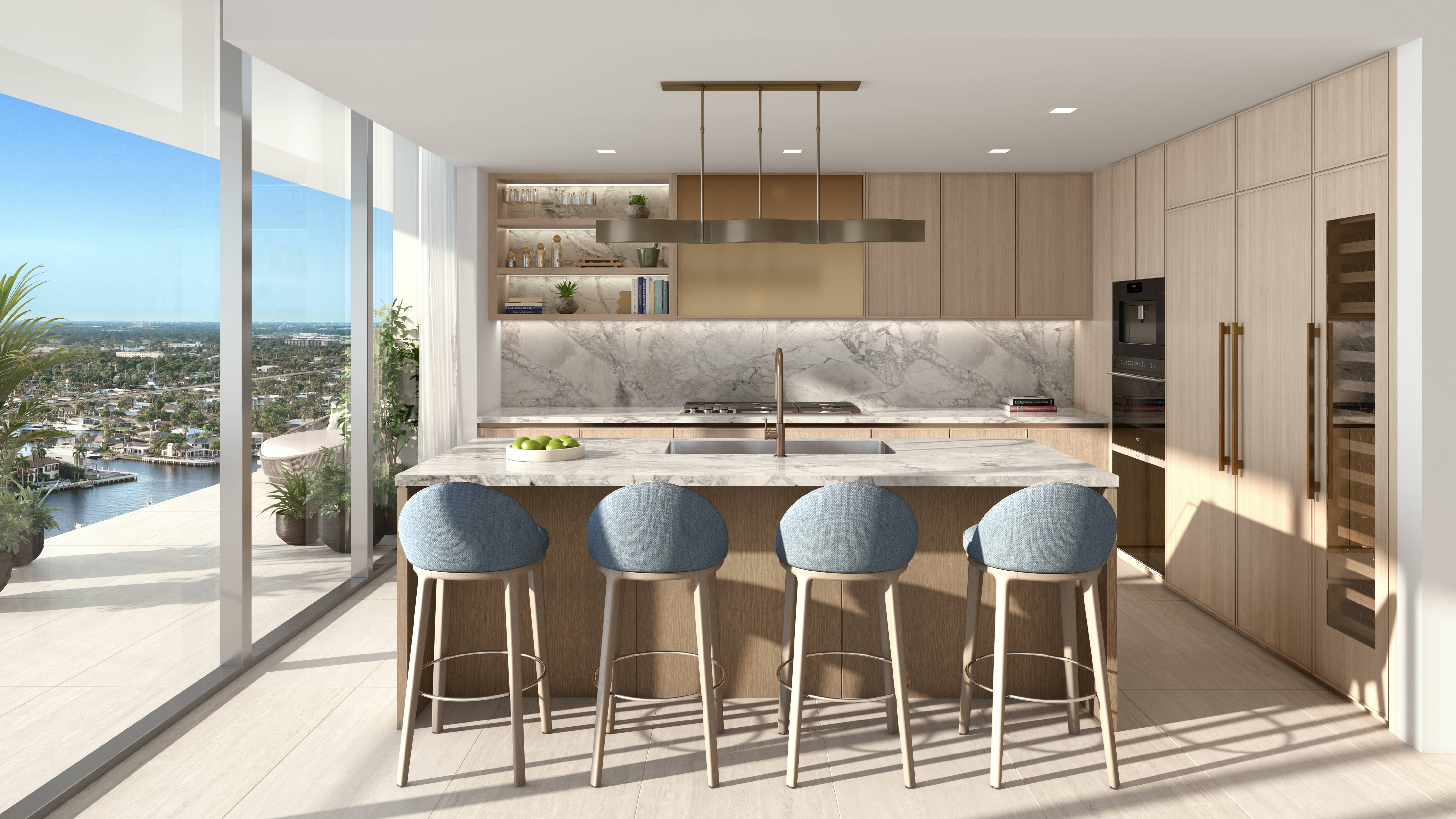 W Pompano Beach Residences modern kitchen with ocean view, luxury and ultra luxury preconstruction condos finishes. Featuring interior.