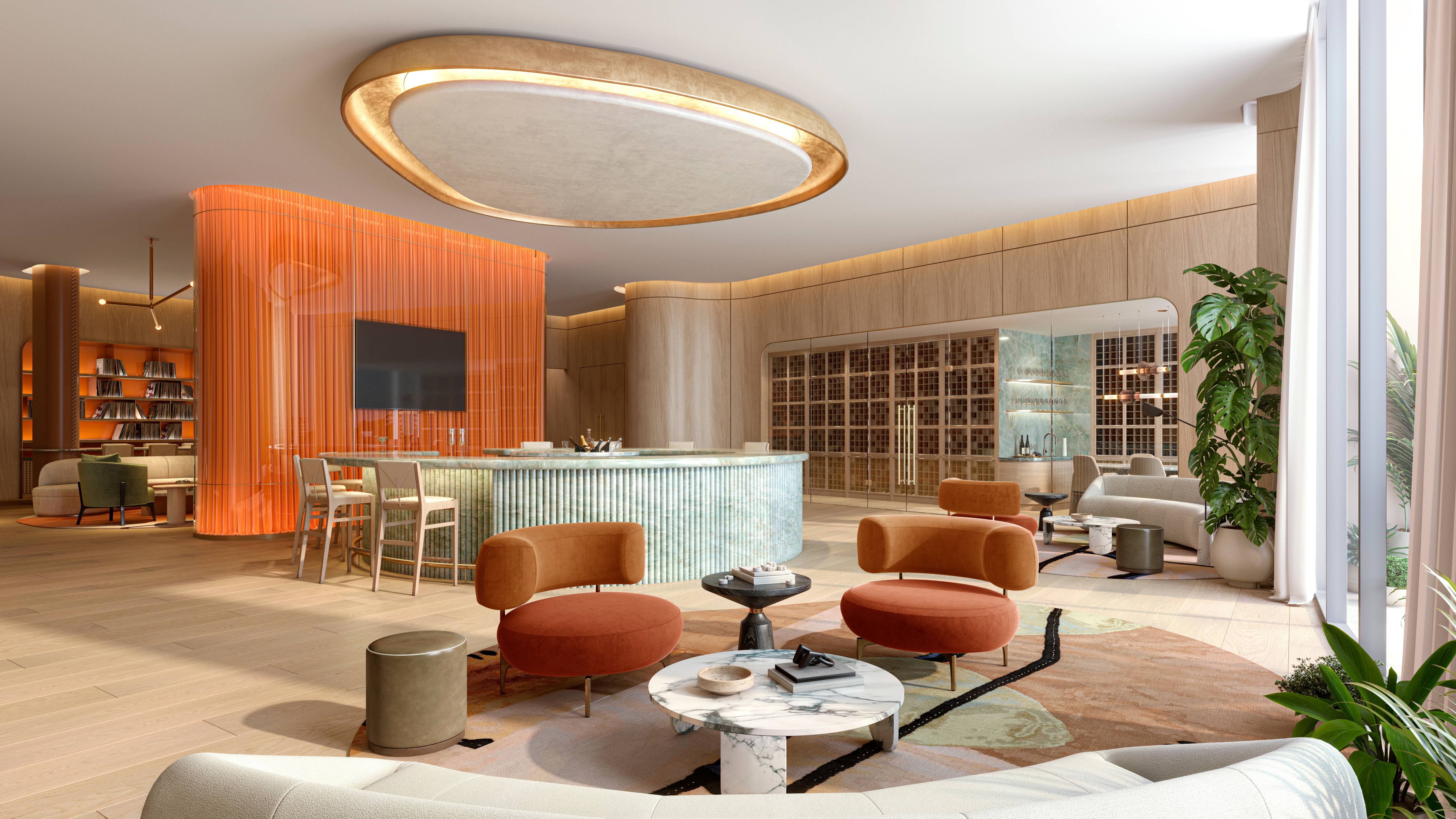 W Pompano Beach Residences modern living room interior design, showcasing luxury and ultra luxury preconstruction condos.