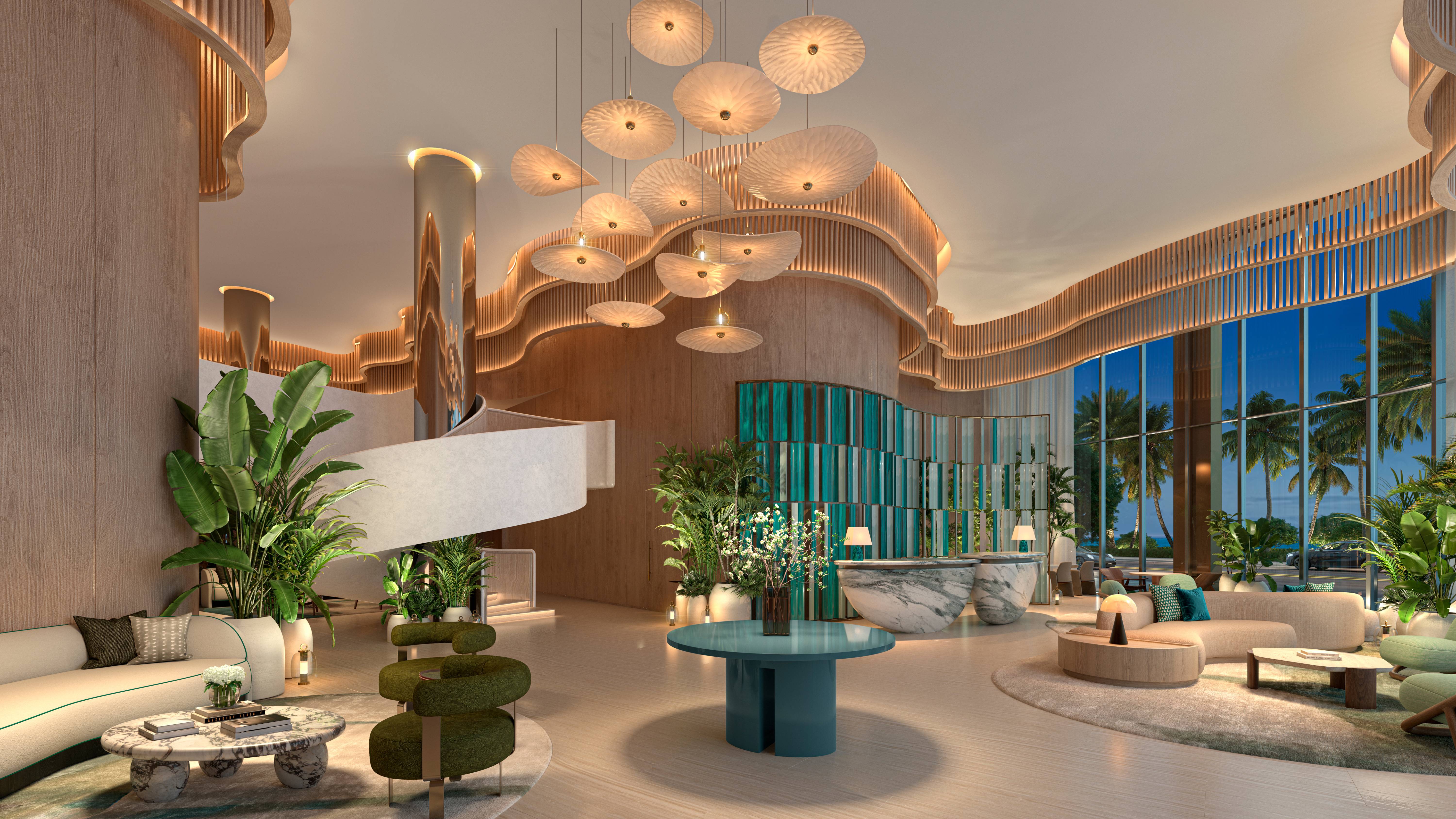 W Pompano Beach Residences modern lobby interior design, highlighting luxury and ultra luxury preconstruction condos amenities.