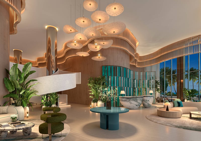 W Pompano Beach Residences modern lobby interior design, highlighting luxury and ultra luxury preconstruction condos amenities.