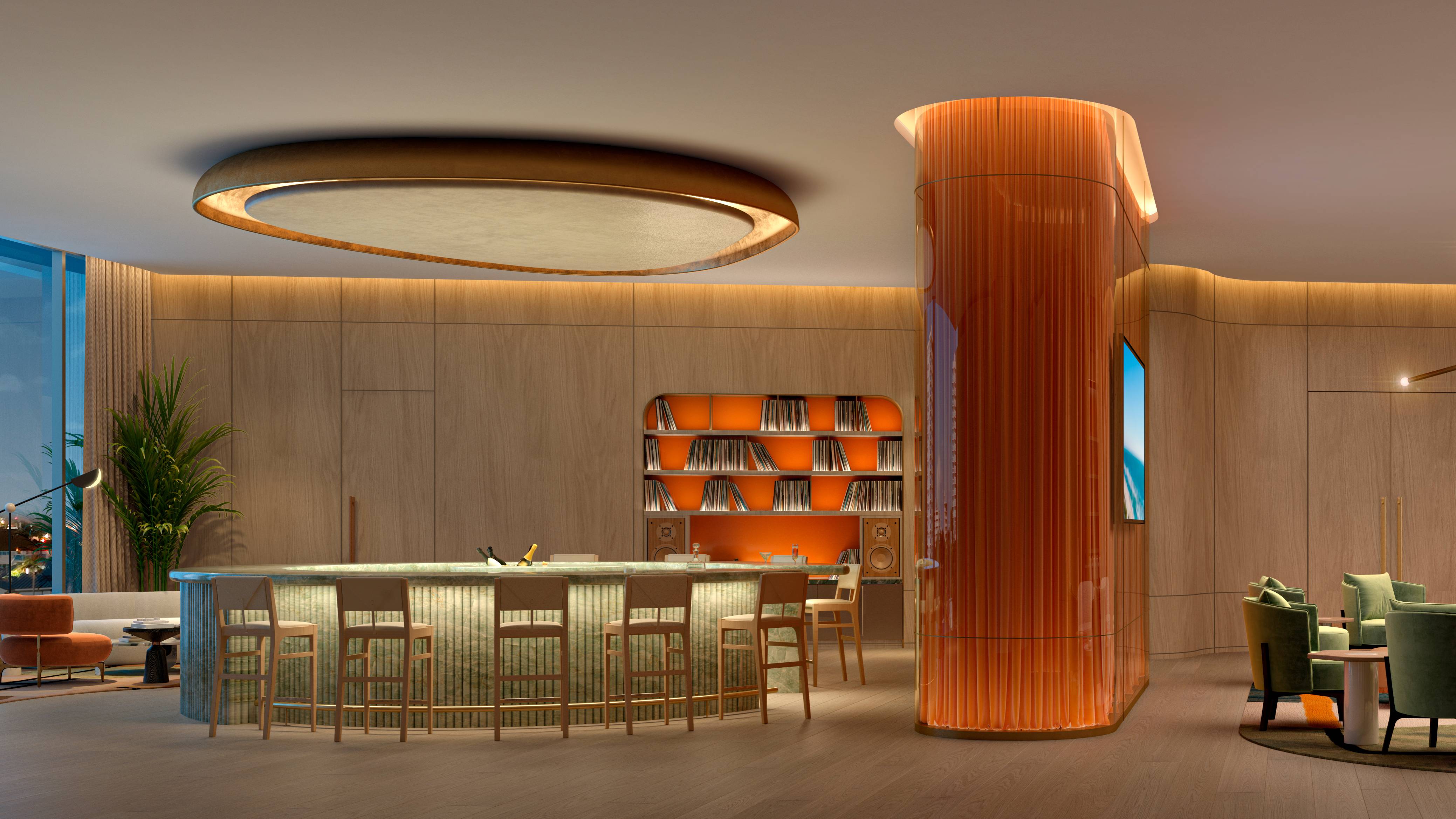 W Pompano Beach Residences modern lounge bar interior, luxury and ultra luxury amenity for preconstruction condos. Featuring design.