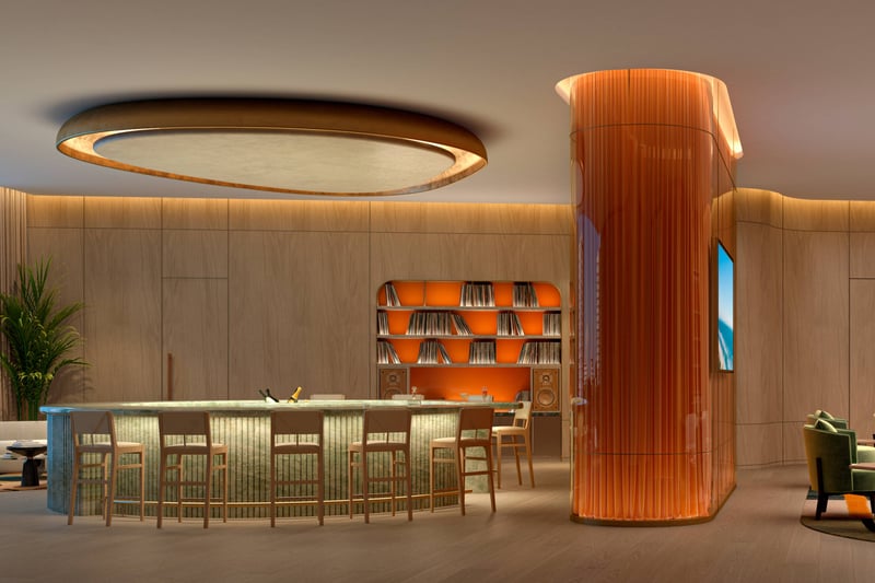 W Pompano Beach Residences modern lounge bar interior, luxury and ultra luxury amenity for preconstruction condos. Featuring design.