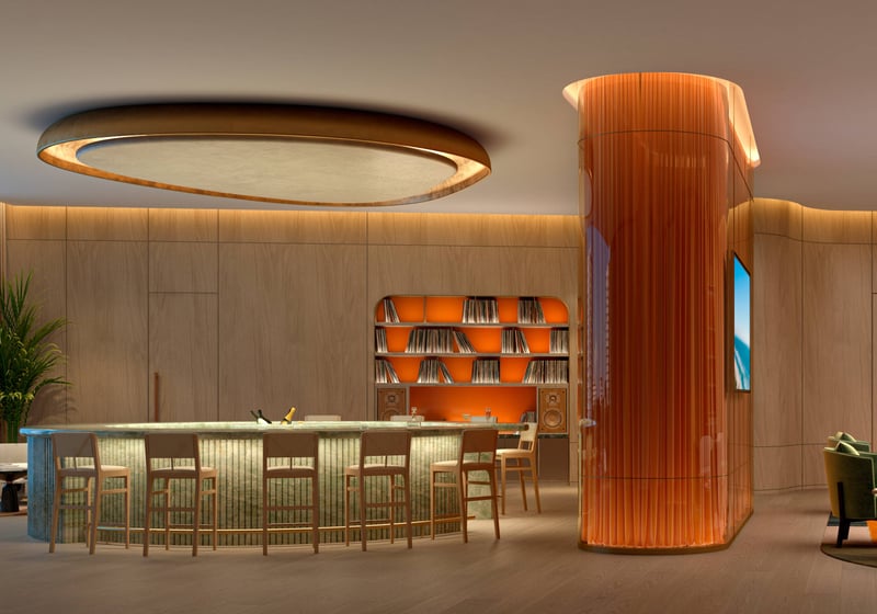 W Pompano Beach Residences modern lounge bar interior, luxury and ultra luxury amenity for preconstruction condos. Featuring design.